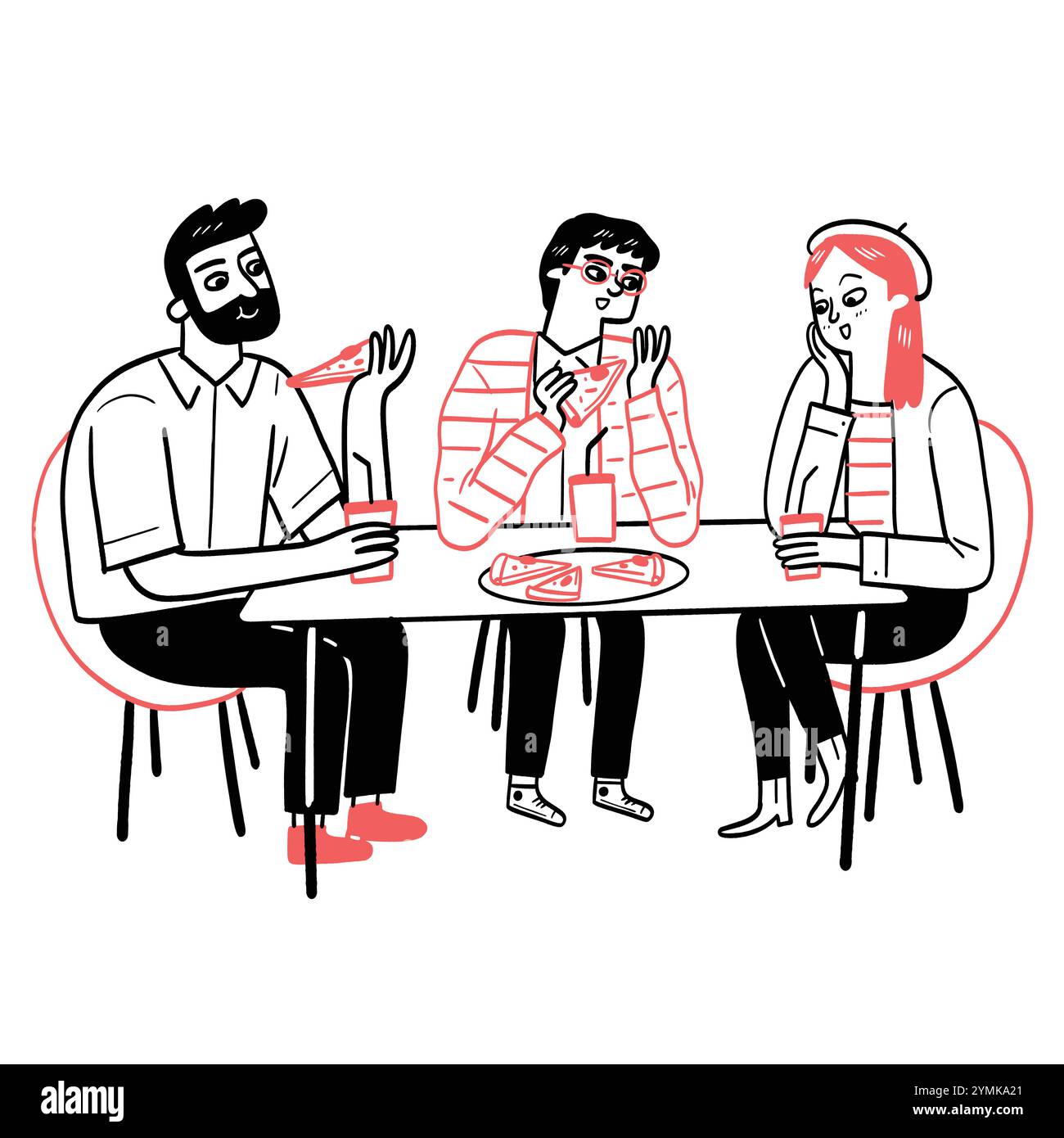 Questo mostra tre persone sedute a un tavolo a mangiare e bere. Stanno mangiando insieme, possibilmente godendosi un'esperienza culinaria informale o sociale Illustrazione Vettoriale