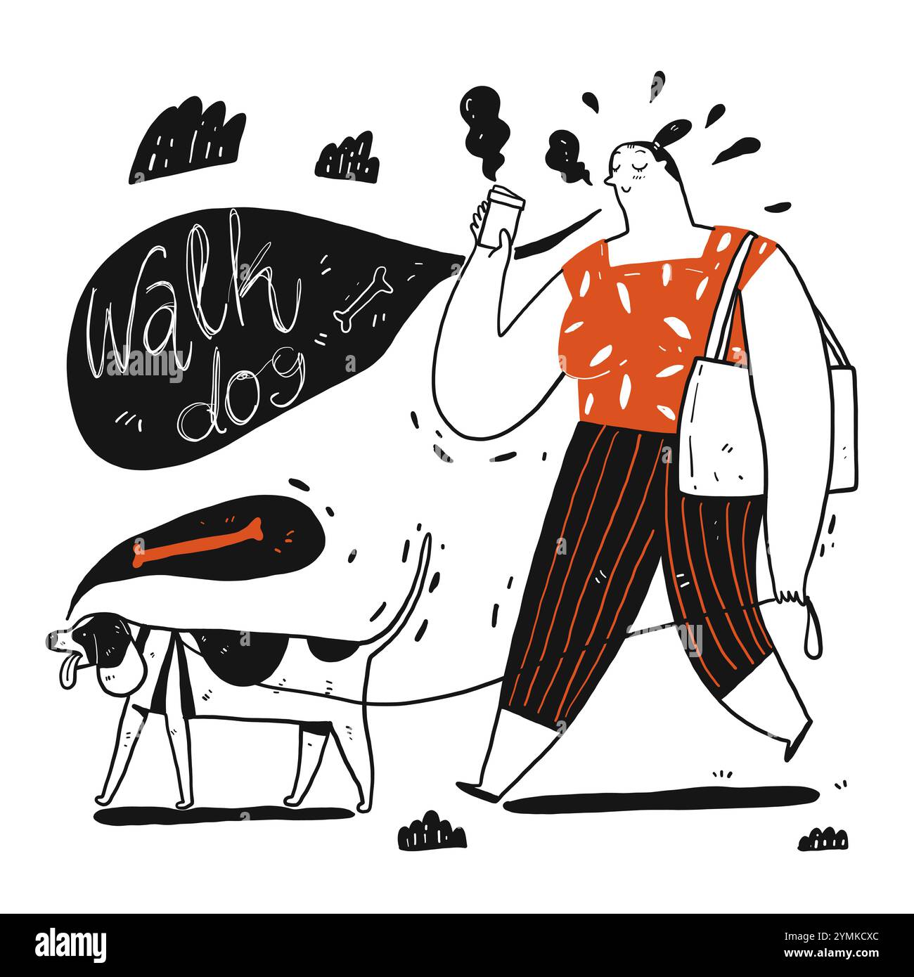 Una donna che cammina con un cane che tiene una tazza di caffè. Raccolta di illustrazioni vettoriali disegnate a mano in stile boodle. Illustrazione Vettoriale