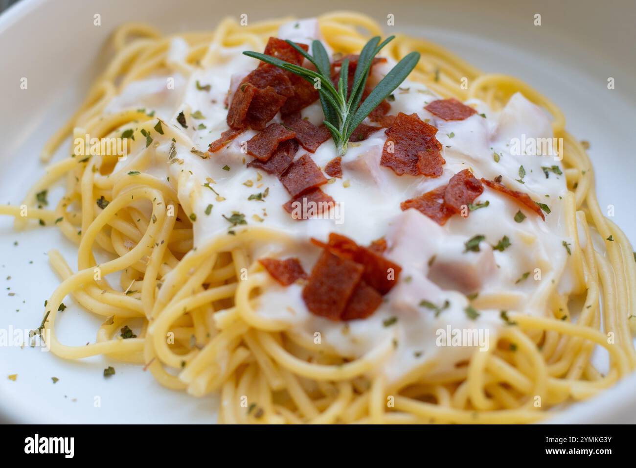 Vista ravvicinata di un piatto di spaghetti alla carbonara, che mostra la consistenza cremosa e i ricchi sapori del piatto. Foto Stock