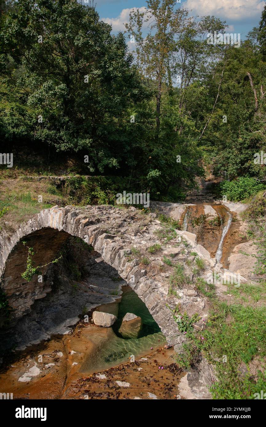 Antico ponte a cavallo di cavallo vicino ad Aggagio inferiore, Liguria, Italia Foto Stock