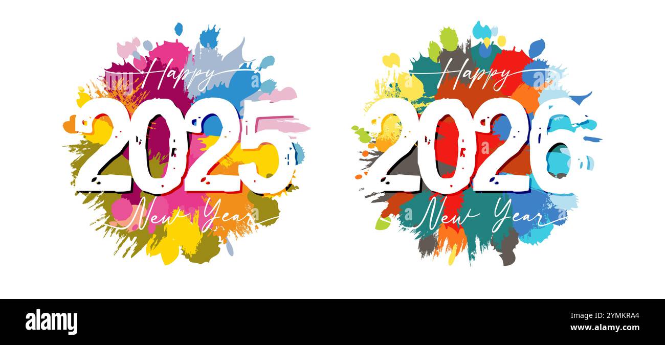 Set di icone colorate di tendenza disegnate a mano per festeggiare il nuovo anno 2025 e 2026. Design di banner artistici. Concetto festivo. Modello acquerello Illustrazione Vettoriale