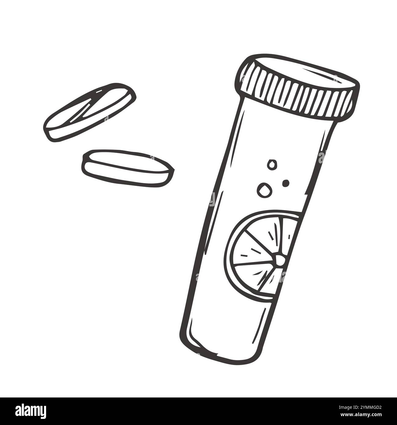 Illustrazione vettoriale di compresse, vitamine e pillole in un vaso di plastica disegnato da una linea infinita. Medicine, medicine e bellezza Illustrazione Vettoriale