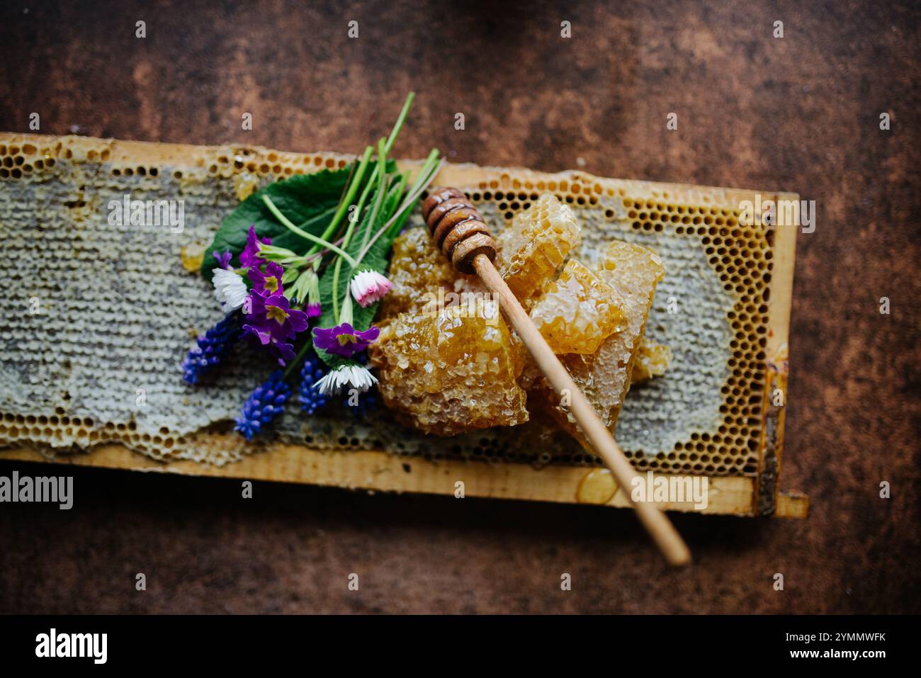 Bastoncino di legno con miele, fiori colorati e favo di miele di A. Foto Stock