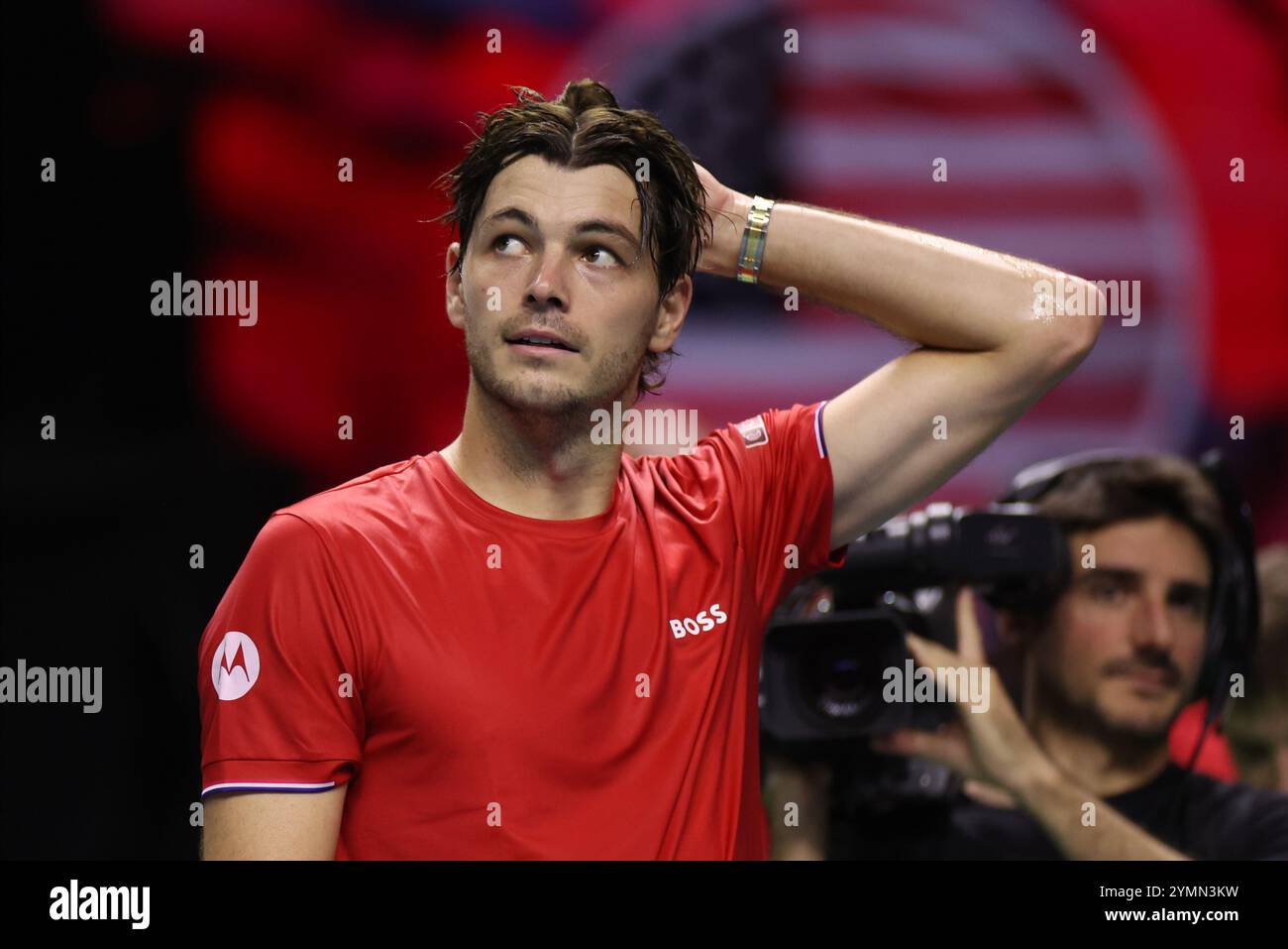 Malaga, Spagna. 21 novembre 2024. Taylor Fritz degli Stati Uniti, dopo aver vinto contro Alex de Minaur, dell'Australia, ai quarti di finale di Coppa Davis 2024, al Palacio de Deportes Jose Maria Martin Carpena Arena di Malaga. Crediti: Isabel Infantes/Alamy Live News Foto Stock