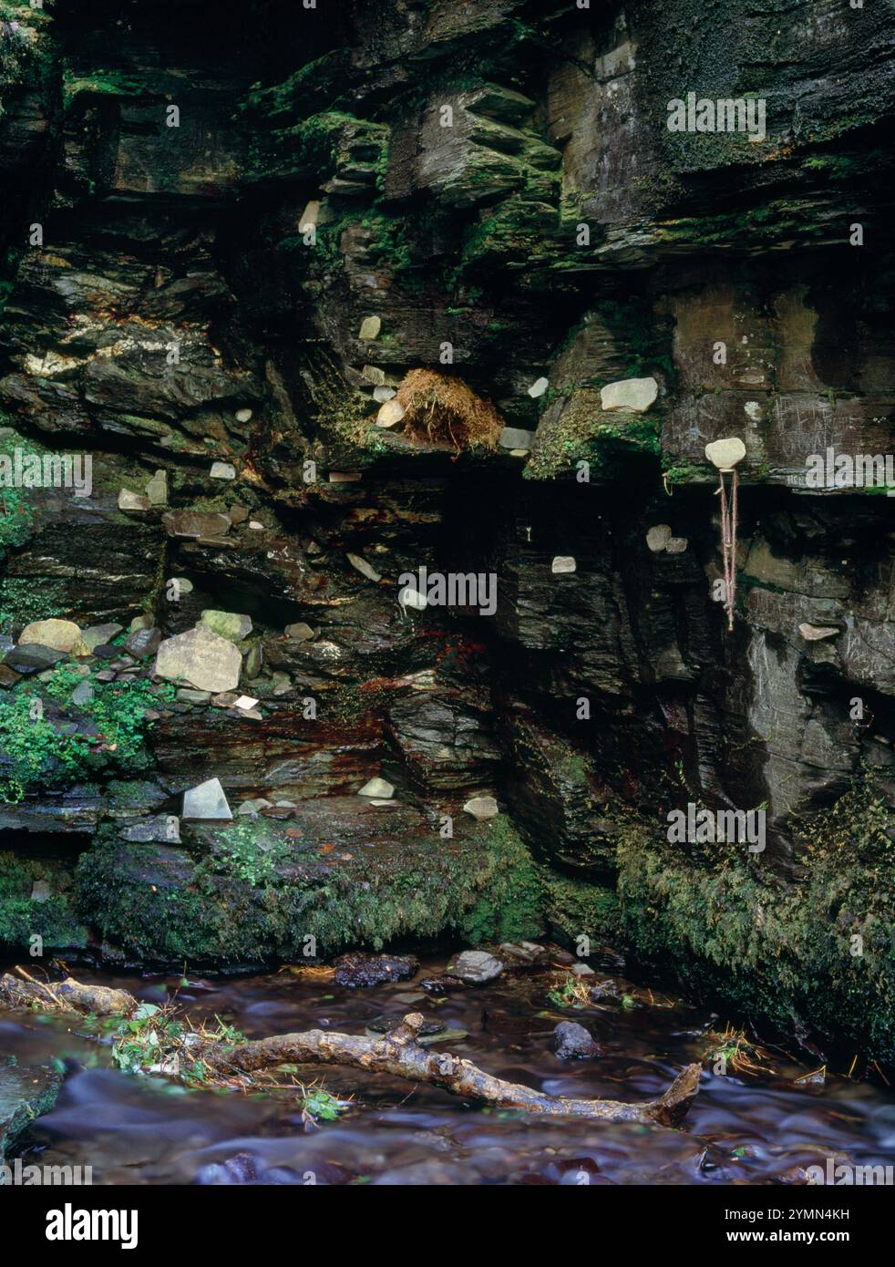 Ammira a sud-ovest il nido di un tuffatore, le offerte votive e le targhe di ardesia alla base della cascata di St Nectan sul fiume Trevillitt, vicino a Tintagel, Cornovaglia, Regno Unito Foto Stock