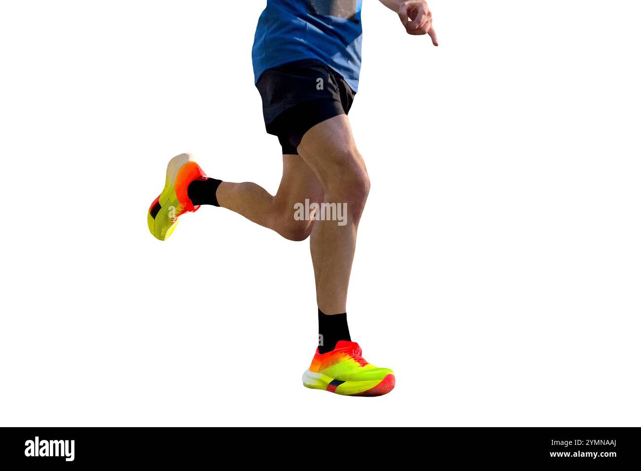 gambe da vicino uomo runner in scarpe da running brillanti isolate su sfondo bianco Foto Stock