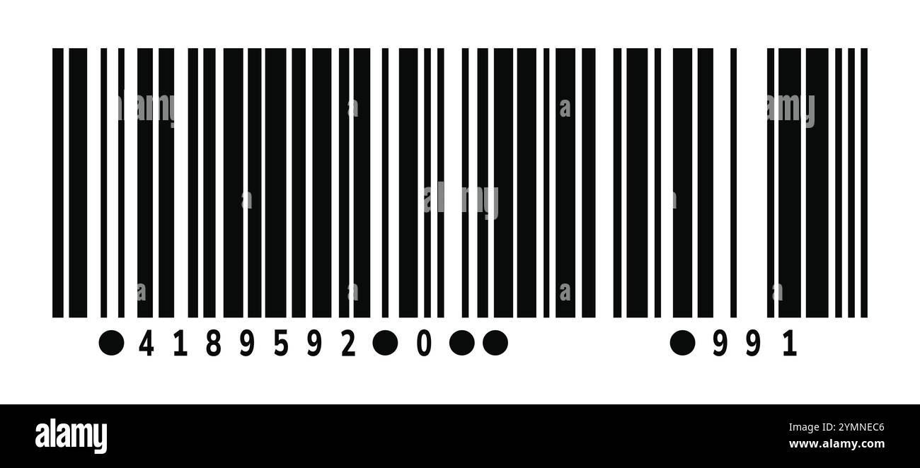 codice a barre con strisce alternate in bianco e nero, isolato su sfondo bianco. Il codice a barre è lungo e sottile, con una leggera curva Illustrazione Vettoriale