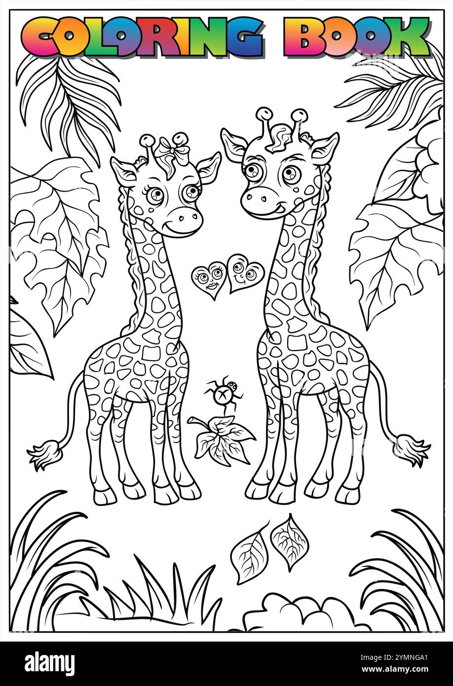 Illustrazione in bianco e nero di due simpatiche giraffe in piedi nella giungla, circondate da cuori, foglie e un ragno, disegnate come una pagina da colorare Illustrazione Vettoriale