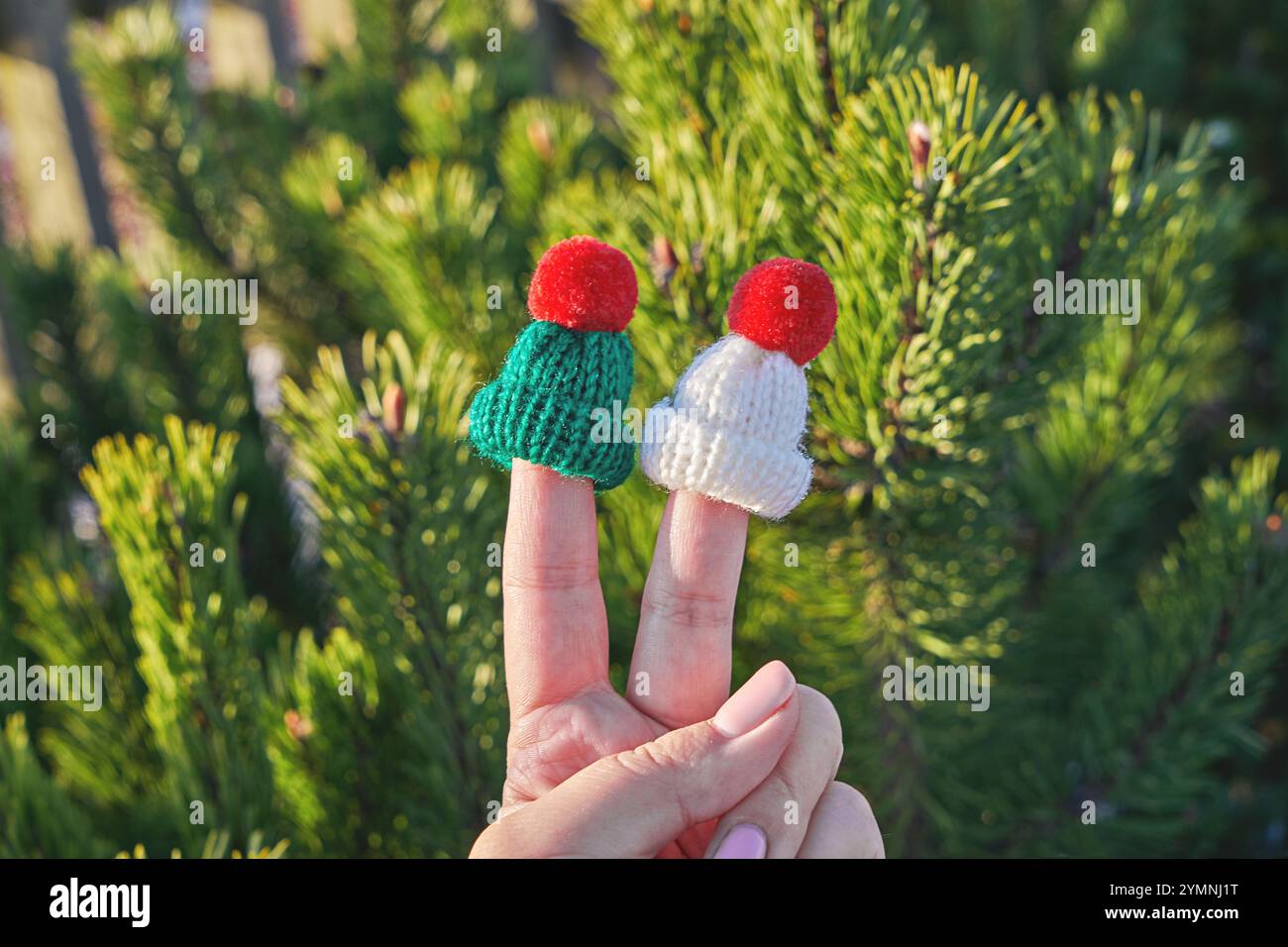 Primo piano di due dita che indossano piccoli cappelli a maglia con sfondo naturale Foto Stock