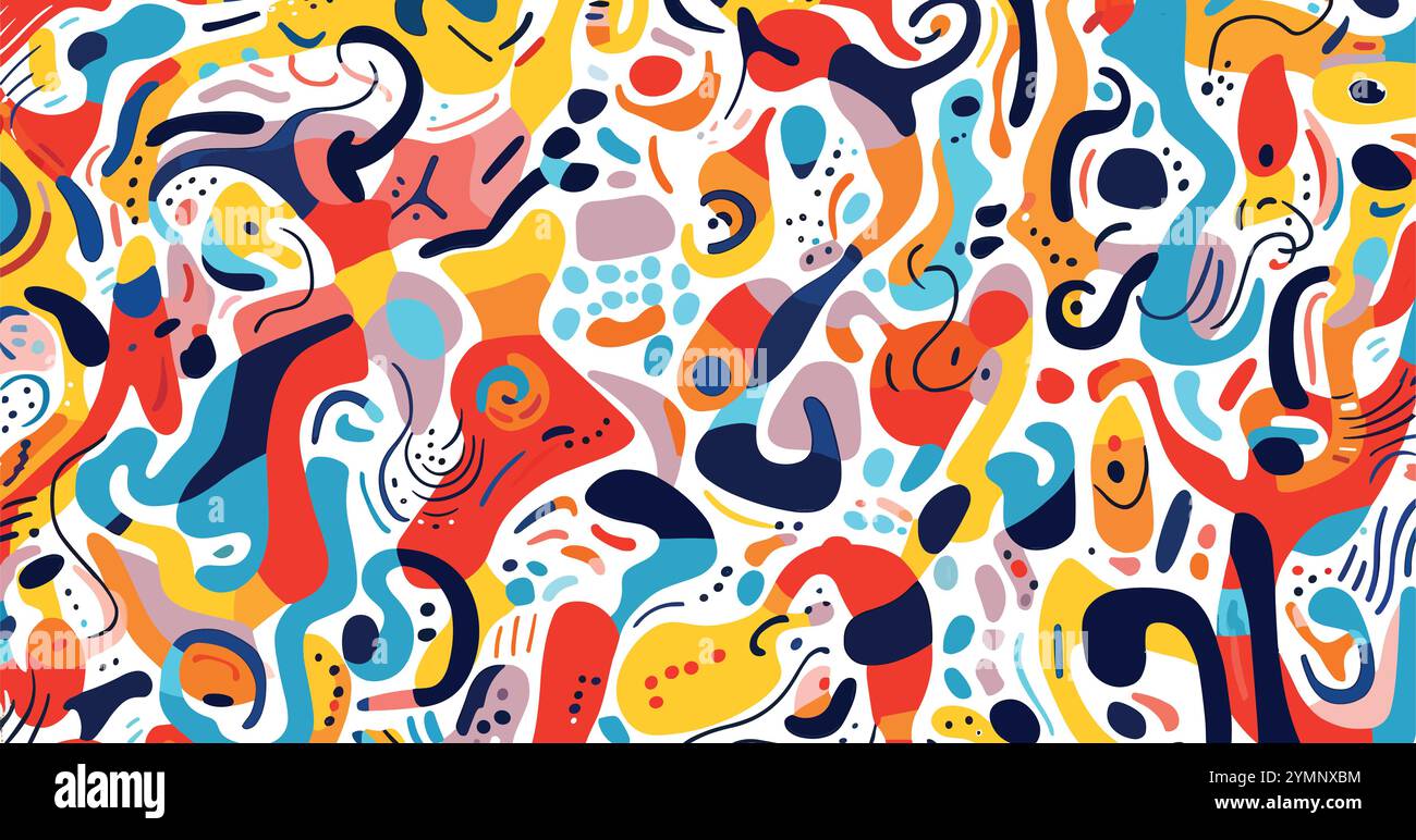 colorato sfondo disegnato a mano, nello stile di forme organiche e linee curve, bridget riley, carnivalcore, contorni minimalisti Illustrazione Vettoriale