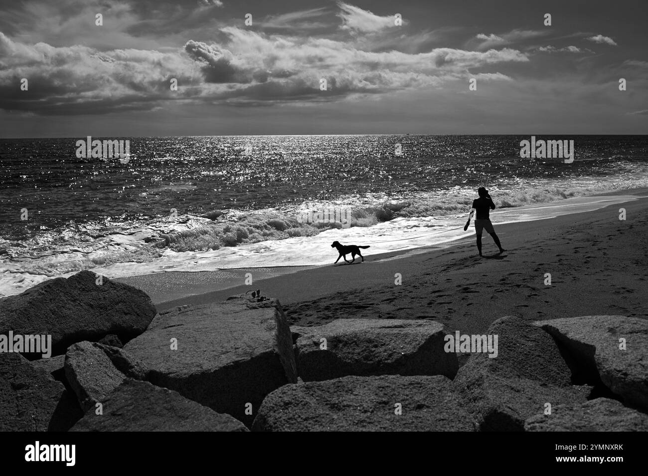 Un uomo cammina il suo cane su una spiaggia sabbiosa vicino al Mar Mediterraneo Foto Stock