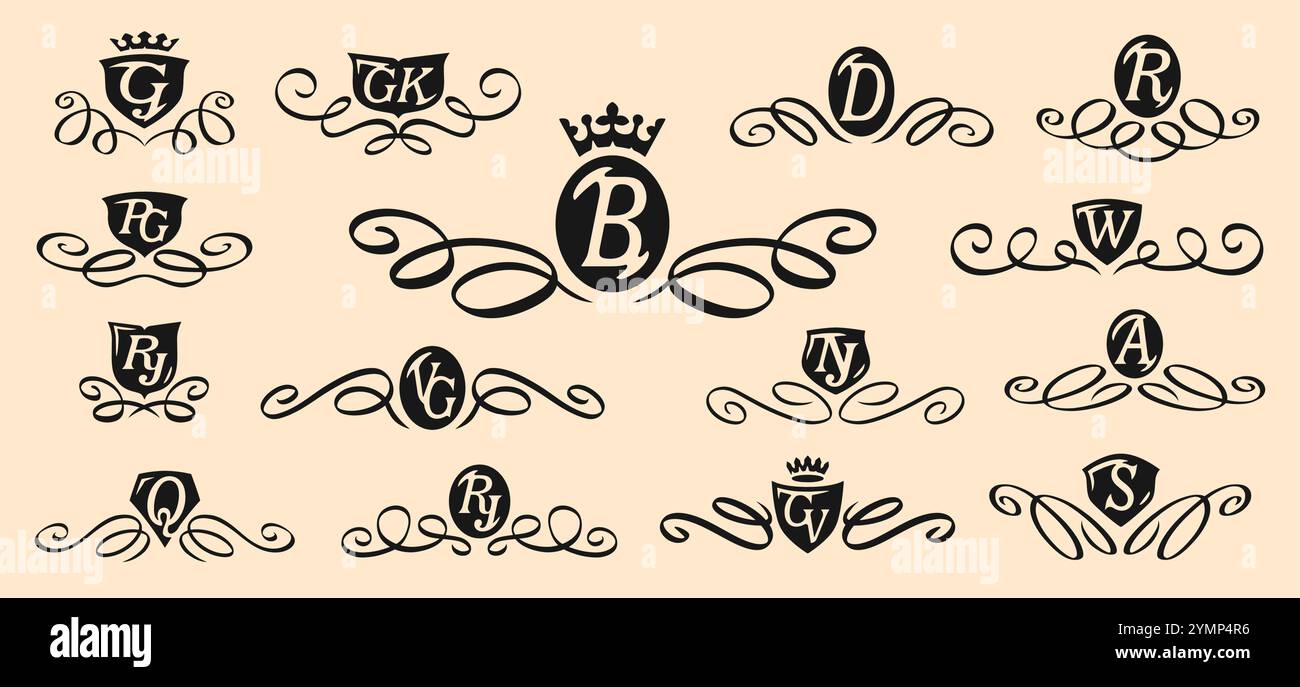 Set di simboli emblemi per l'azienda o il negozio. Logo Royal, Premium Quality, vip, elite, Luxury vintage Illustrazione Vettoriale