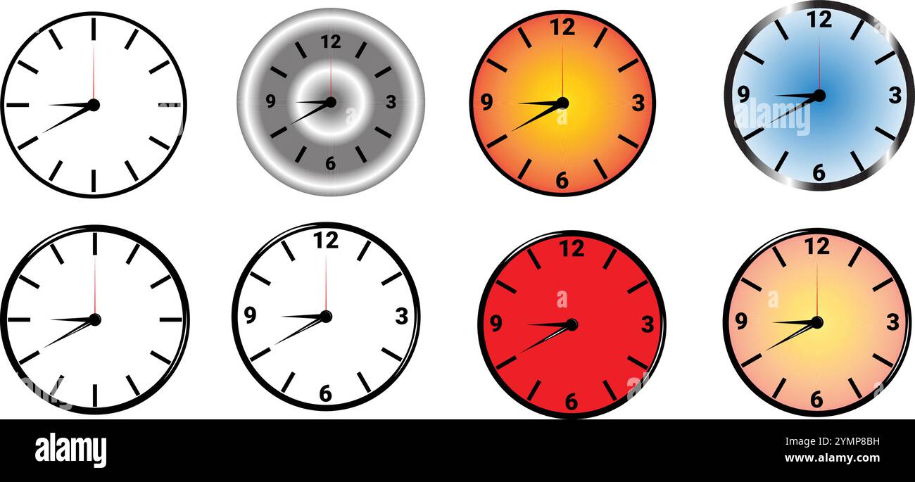 Set di 8 orologi - i loghi delle icone degli orologi sono isolati su sfondo bianco trasparente Illustrazione Vettoriale