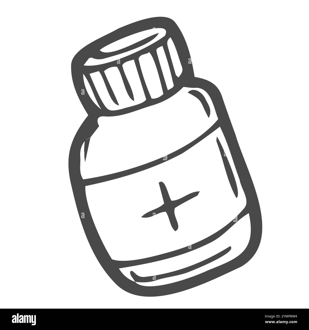 Flacone di droga disegnato a mano e compresse scarabocchiate. Icona dello stile di schizzo. Elemento decorativo. Isolato su sfondo bianco. Design piatto. Illustrazione Vettoriale