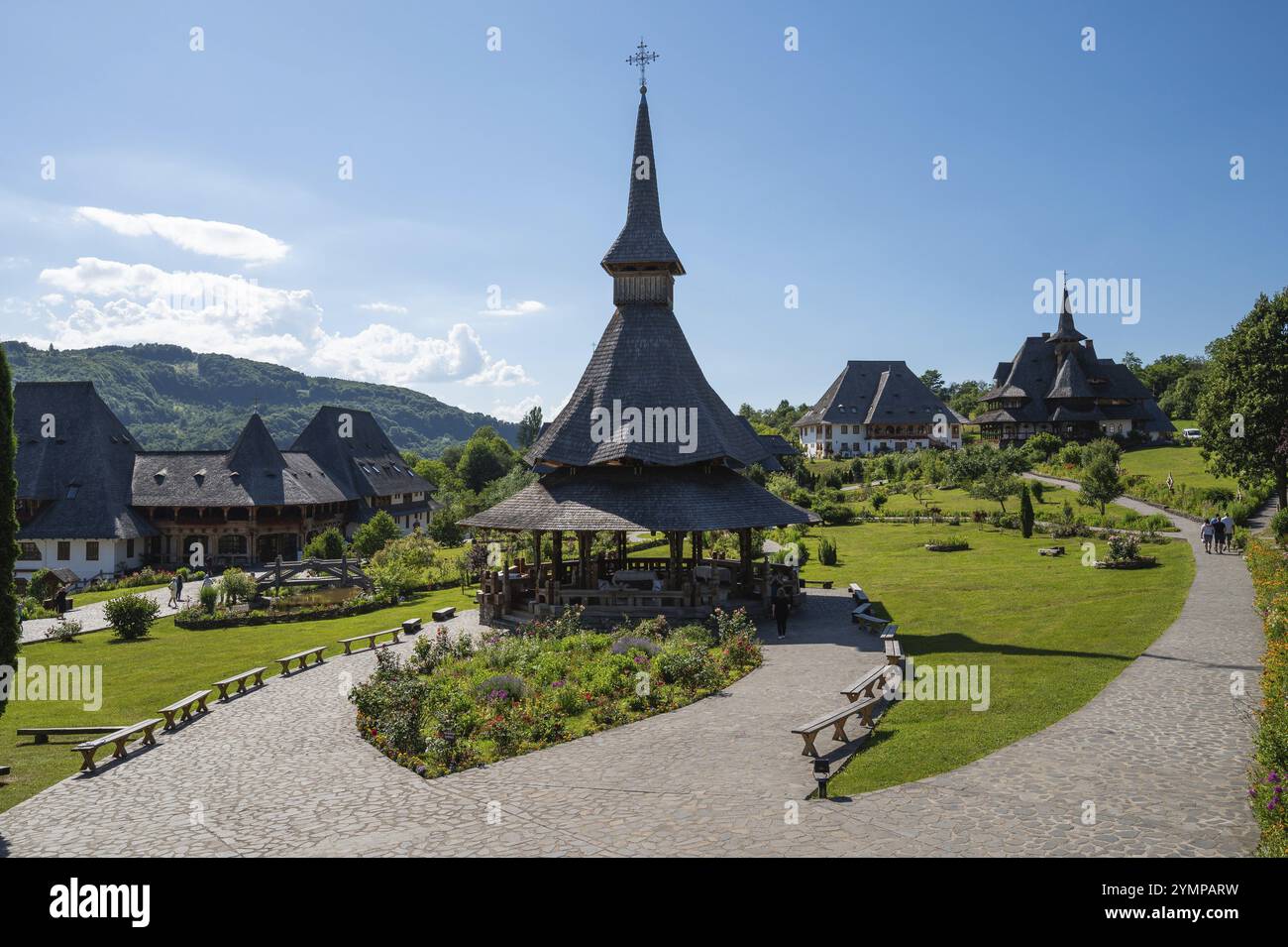 Splendidi edifici del monastero di Barsana in Romania. Foto Stock