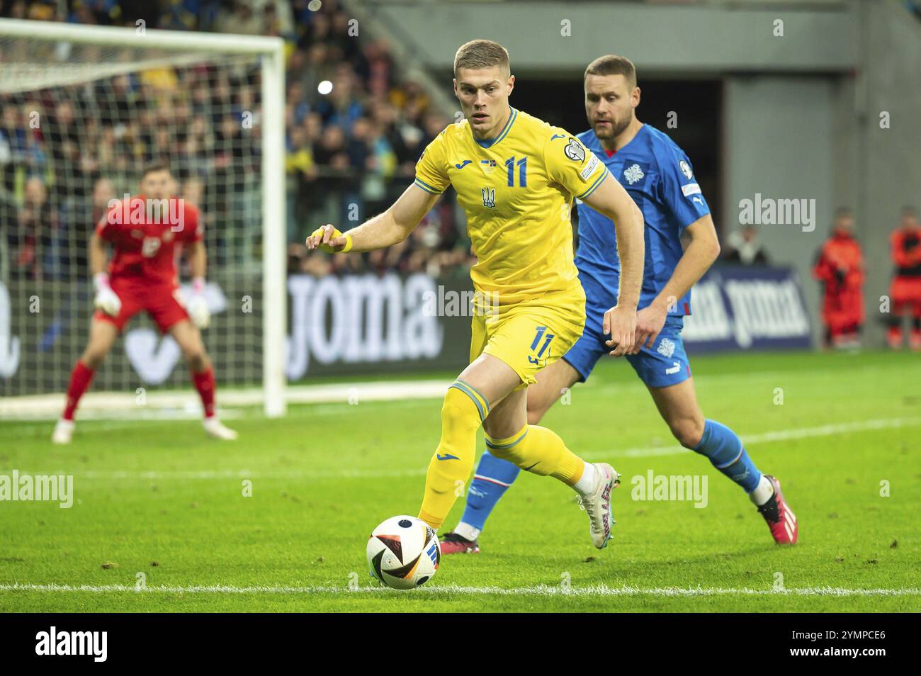WROCLAW, POLONIA - 26 MARZO 2024: Qualifiche per UEFA Euro 2024. Partita finale di play-off Ucraina - Islanda 2:1. In azione Artem Dovbyk. Foto Stock