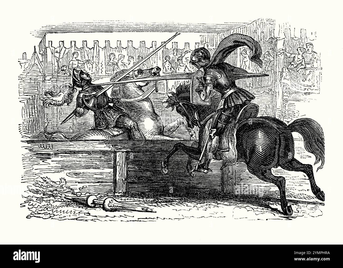 Una vecchia incisione di cavalieri francesi che giocheggiano, negli anni '1300 È tratto da un libro di storia vittoriana del 1900 circa. Bertrand du Guesclin sta festeggiando qui. La giostra è una gara marziale medievale e rinascimentale tra due combattenti a cavallo o a piedi utilizzando una lancia. La giostra era uno sport molto popolare tra i cavalieri anglo-normanni. Si trasformò in uno sport specializzato durante il tardo Medioevo, e rimase popolare tra la nobiltà europea per tutto il XVI secolo. Foto Stock