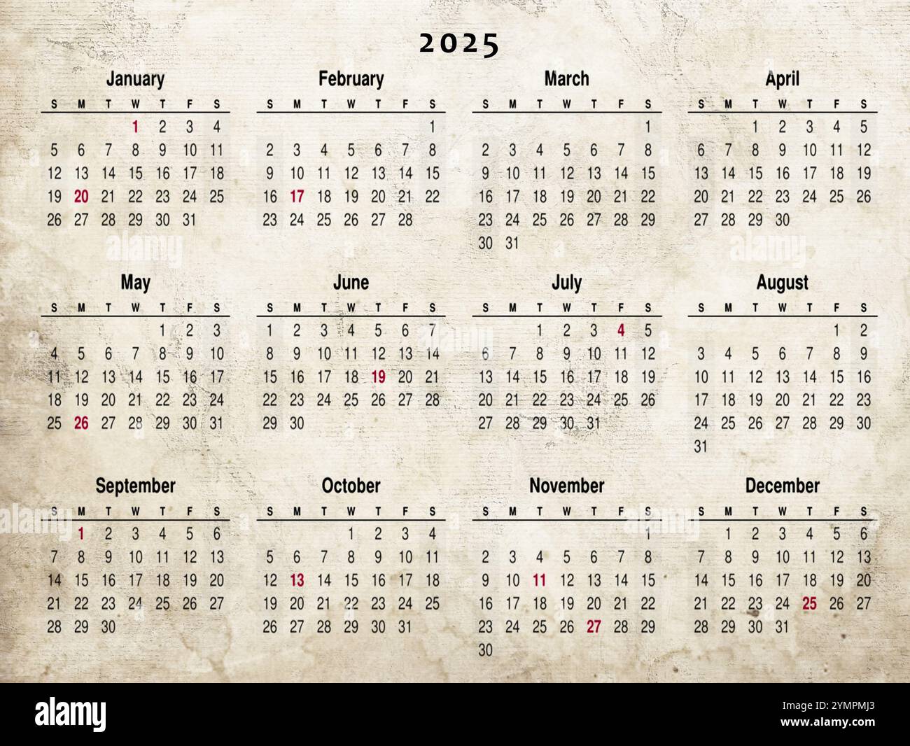 Vecchio sistema di pianificazione carta danneggiato con calendario per il 2025. Foto Stock