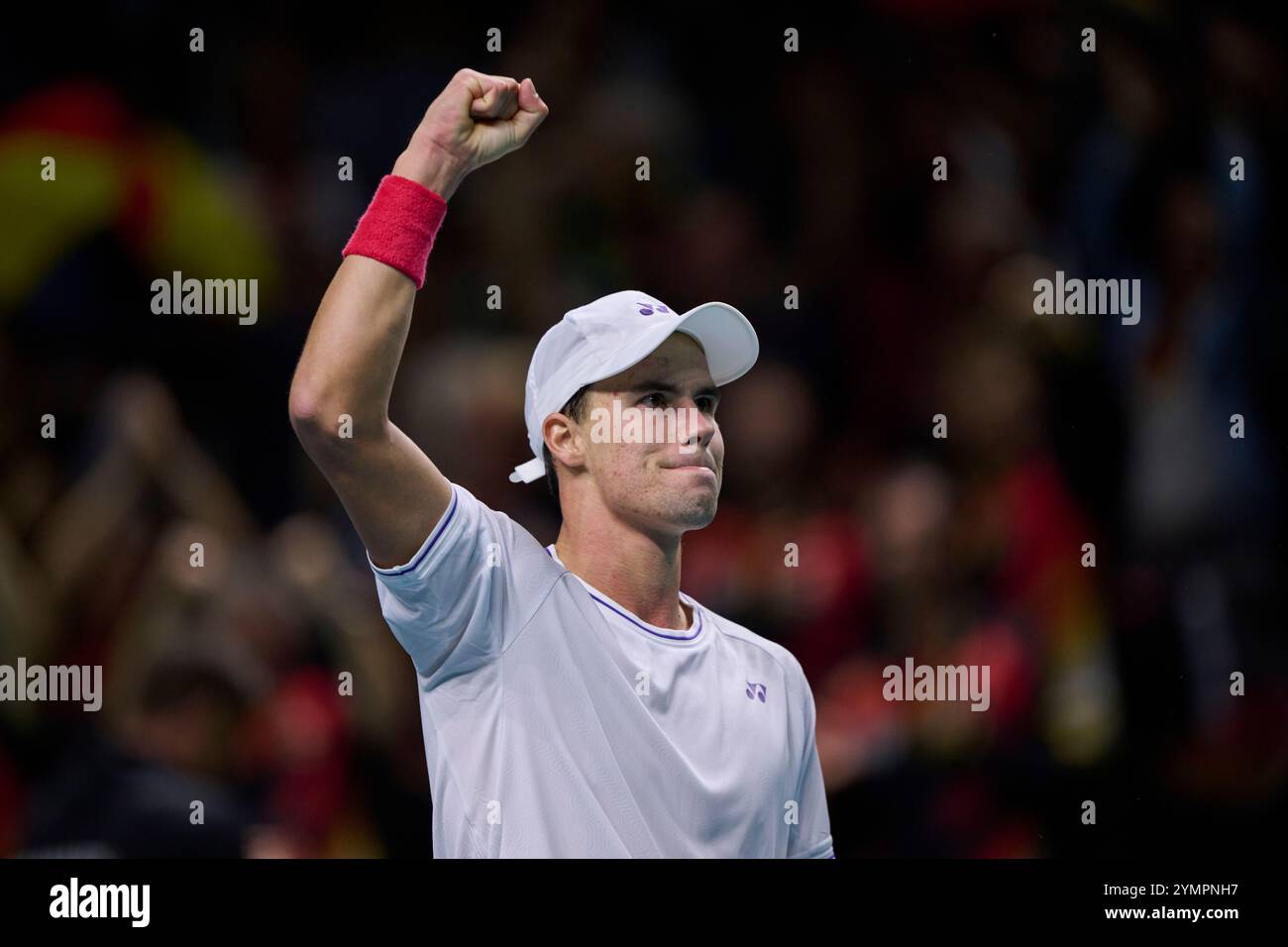 Malaga, Spagna. 22 novembre 2024. Daniel Altmaier, squadra tedesca, in azione contro Botic Van de Zandschulp, squadra olandese vista in azione durante la semifinale di Coppa Davis 8 singolare match 1 Martin Carpena Arena. (Foto di Vicente Vidal Fernandez/Sipa USA) credito: SIPA USA/Alamy Live News Foto Stock