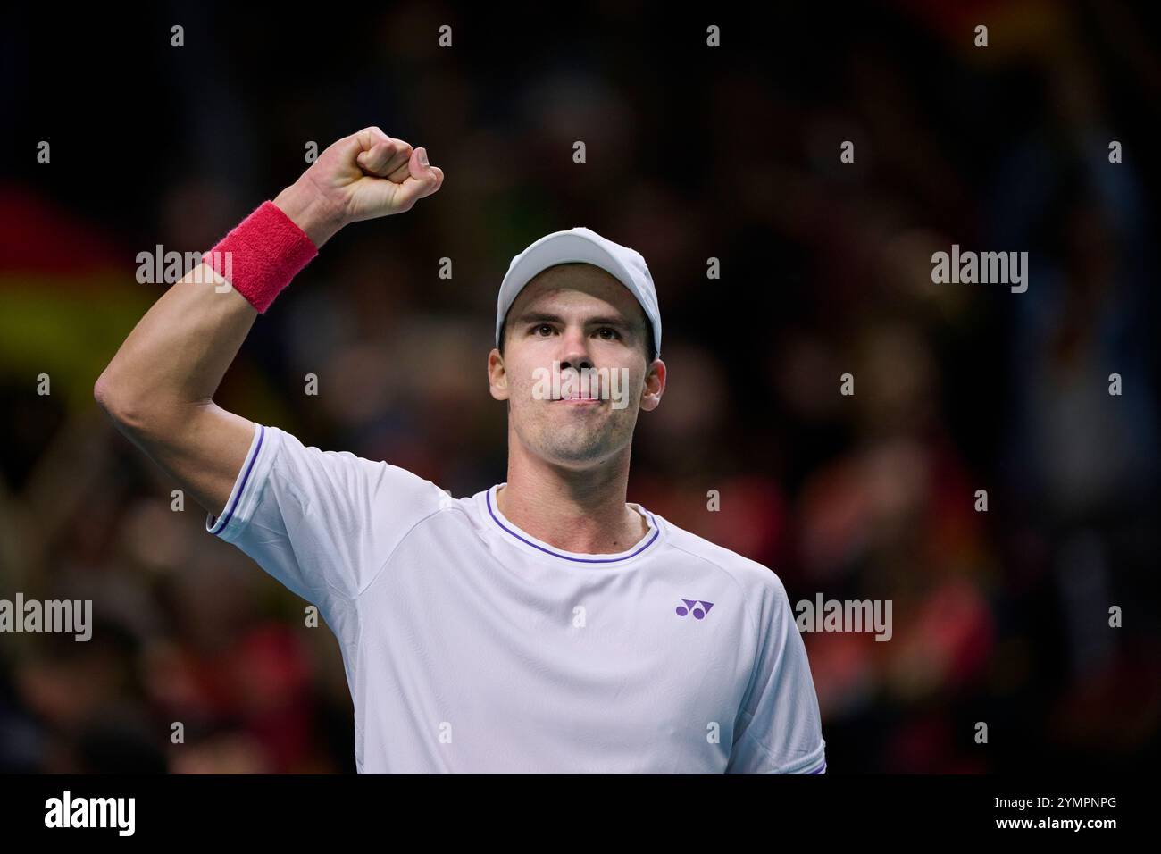 Malaga, Spagna. 22 novembre 2024. Daniel Altmaier, squadra tedesca, in azione contro Botic Van de Zandschulp, squadra olandese vista in azione durante la semifinale di Coppa Davis 8 singolare match 1 Martin Carpena Arena. (Foto di Vicente Vidal Fernandez/Sipa USA) credito: SIPA USA/Alamy Live News Foto Stock