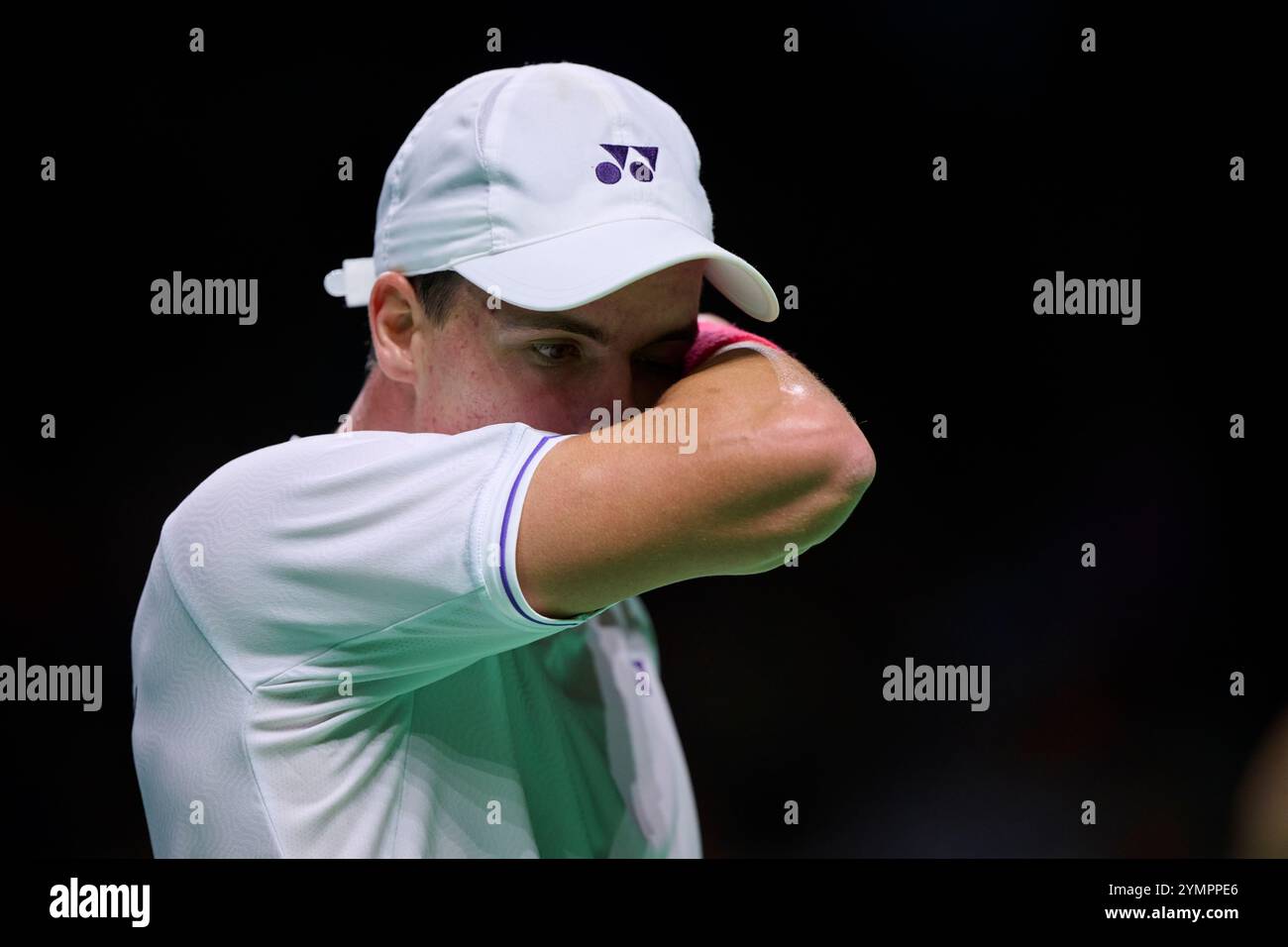 Malaga, Spagna. 22 novembre 2024. Daniel Altmaier, squadra tedesca, in azione contro Botic Van de Zandschulp, squadra olandese vista in azione durante la semifinale di Coppa Davis 8 singolare match 1 Martin Carpena Arena. (Foto di Vicente Vidal Fernandez/Sipa USA) credito: SIPA USA/Alamy Live News Foto Stock