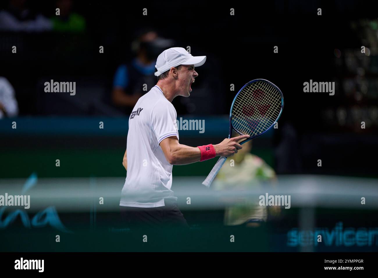 Malaga, Spagna. 22 novembre 2024. Daniel Altmaier, squadra tedesca, in azione contro Botic Van de Zandschulp, squadra olandese vista in azione durante la semifinale di Coppa Davis 8 singolare match 1 Martin Carpena Arena. (Foto di Vicente Vidal Fernandez/Sipa USA) credito: SIPA USA/Alamy Live News Foto Stock