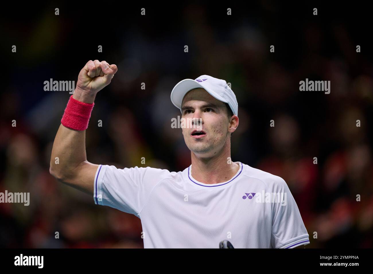 Malaga, Spagna. 22 novembre 2024. Daniel Altmaier, squadra tedesca, in azione contro Botic Van de Zandschulp, squadra olandese vista in azione durante la semifinale di Coppa Davis 8 singolare match 1 Martin Carpena Arena. (Foto di Vicente Vidal Fernandez/Sipa USA) credito: SIPA USA/Alamy Live News Foto Stock