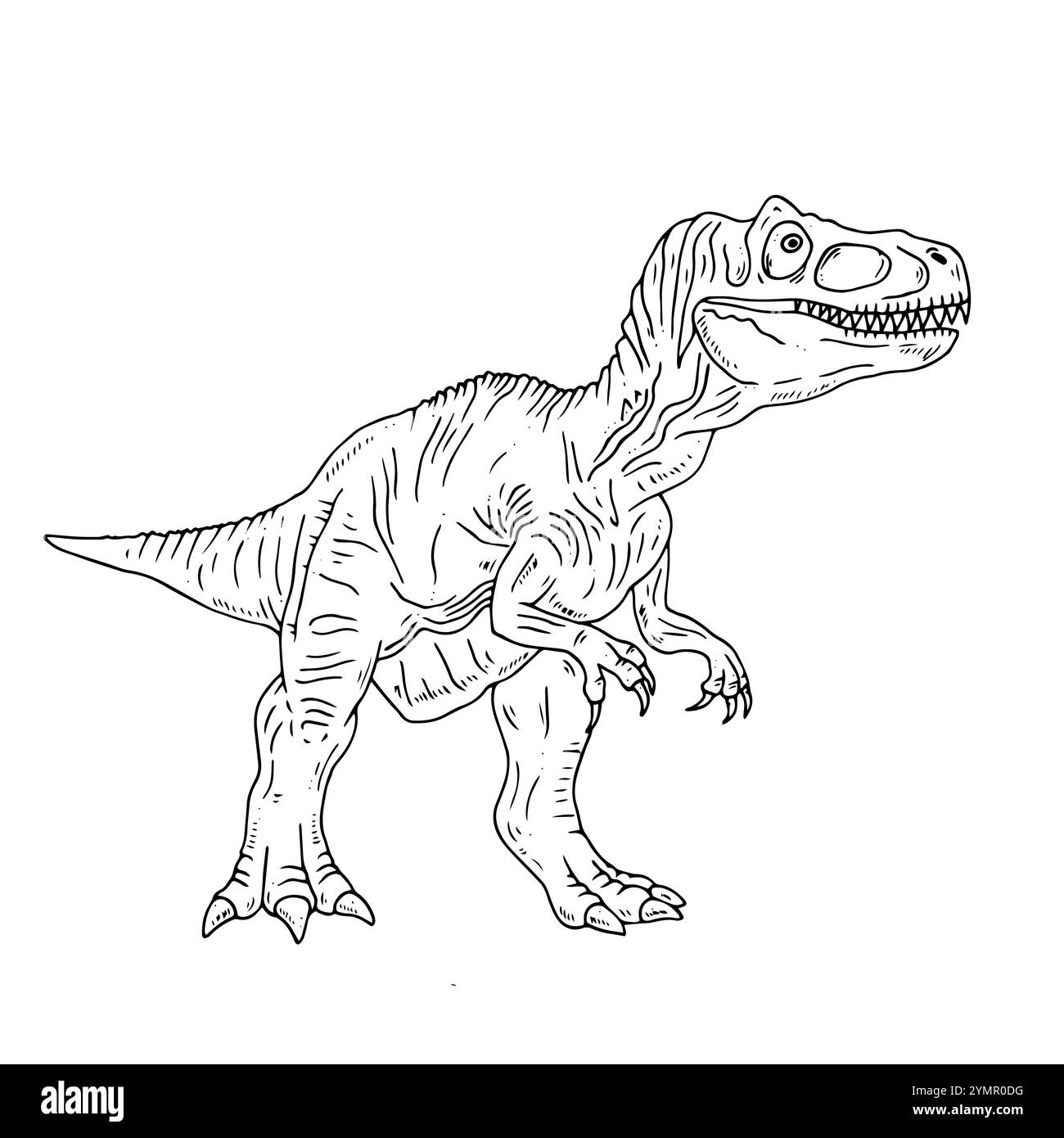 Dinosauro bianco e nero vettoriale grafico. Illustrazione con linea nera con Tyrannosaurus Rex in stile inchiostro. Due versioni - con e senza riempimento Illustrazione Vettoriale