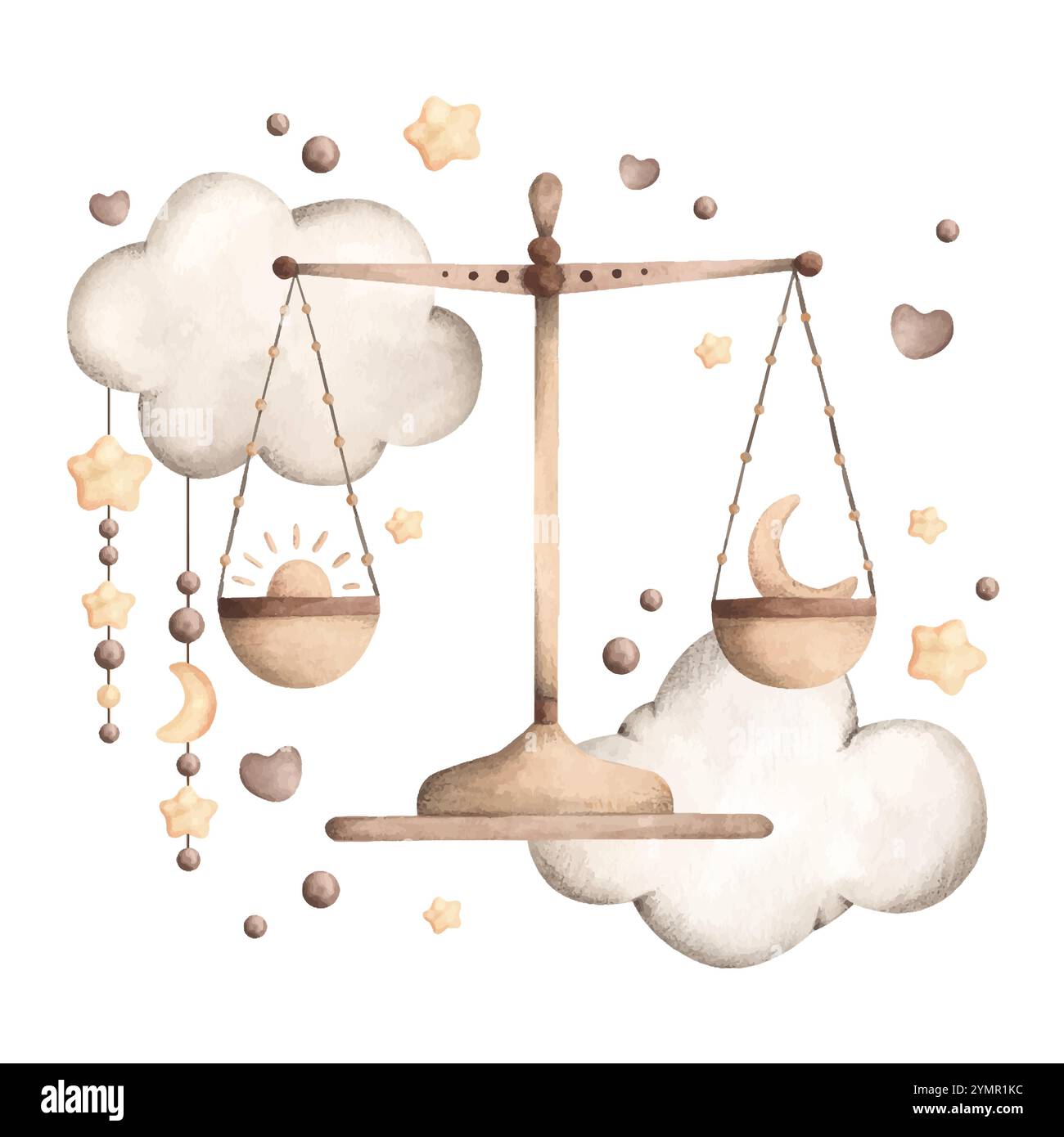 Acquerello zodiacale disegnato a mano con bilancia su nuvola con stelle e luna. Bilance carine per bambini. Illustrazione Vettoriale