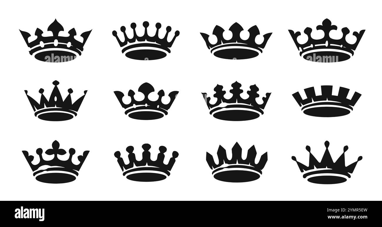 Set di simboli icona corona reale. Royal, qualità premium, vip, elite, elemento di design di lusso Illustrazione Vettoriale