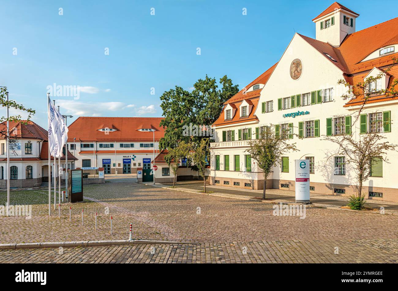 Ingresso al centro espositivo Dresden Messe in un ex macello, Sassonia, Germania Foto Stock