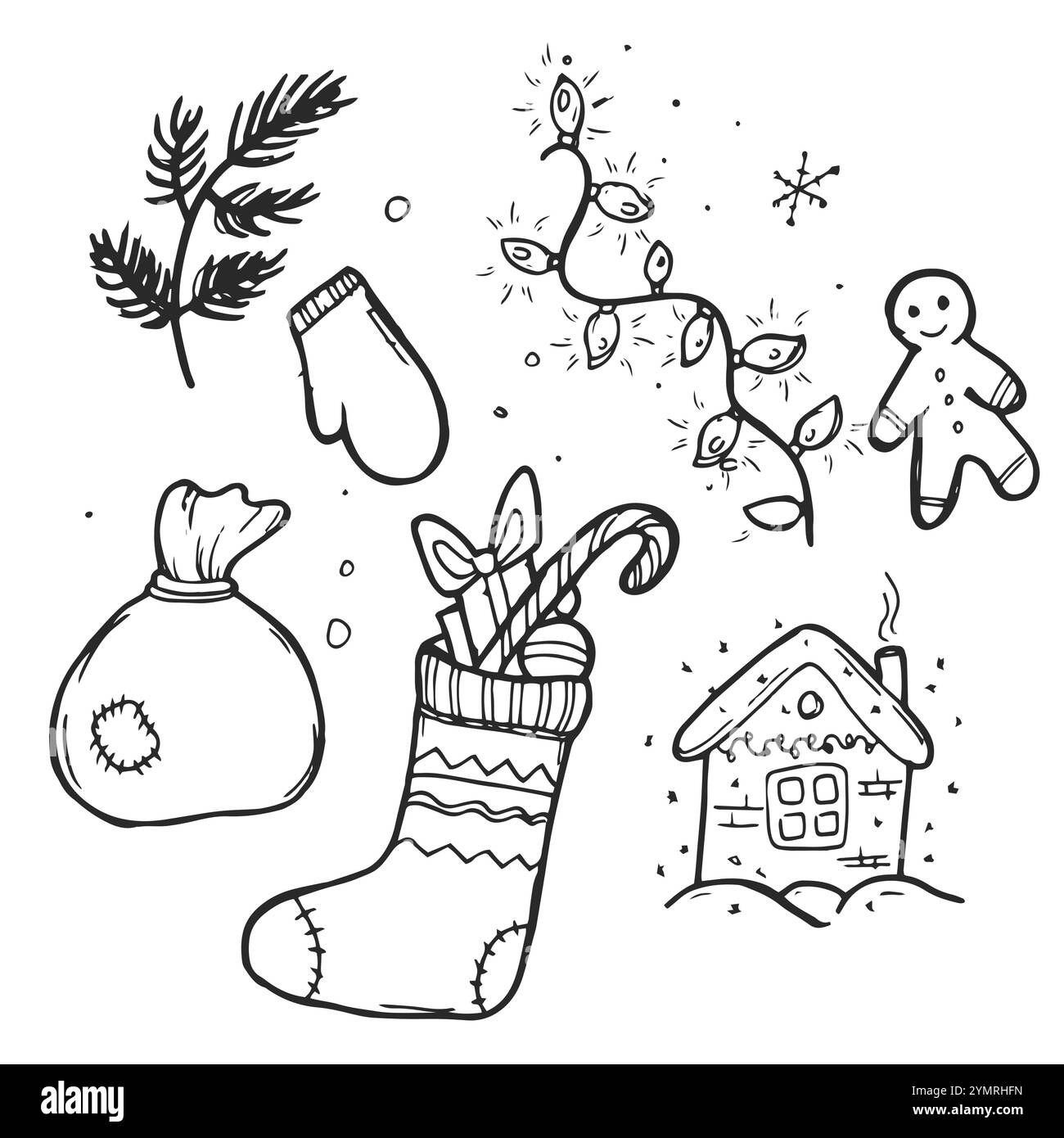doodle Winter set Capodanno Natale fiocchi di neve cerchio stellare Illustrazione Vettoriale
