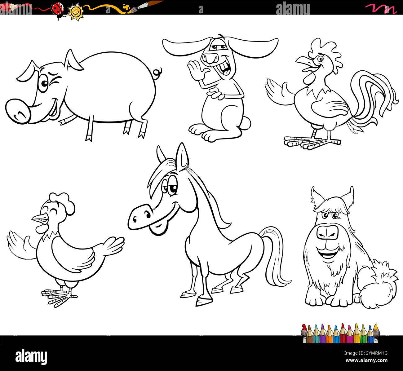 Illustrazione dei cartoni animati della pagina di colorazione dei personaggi degli animali da fattoria Illustrazione Vettoriale