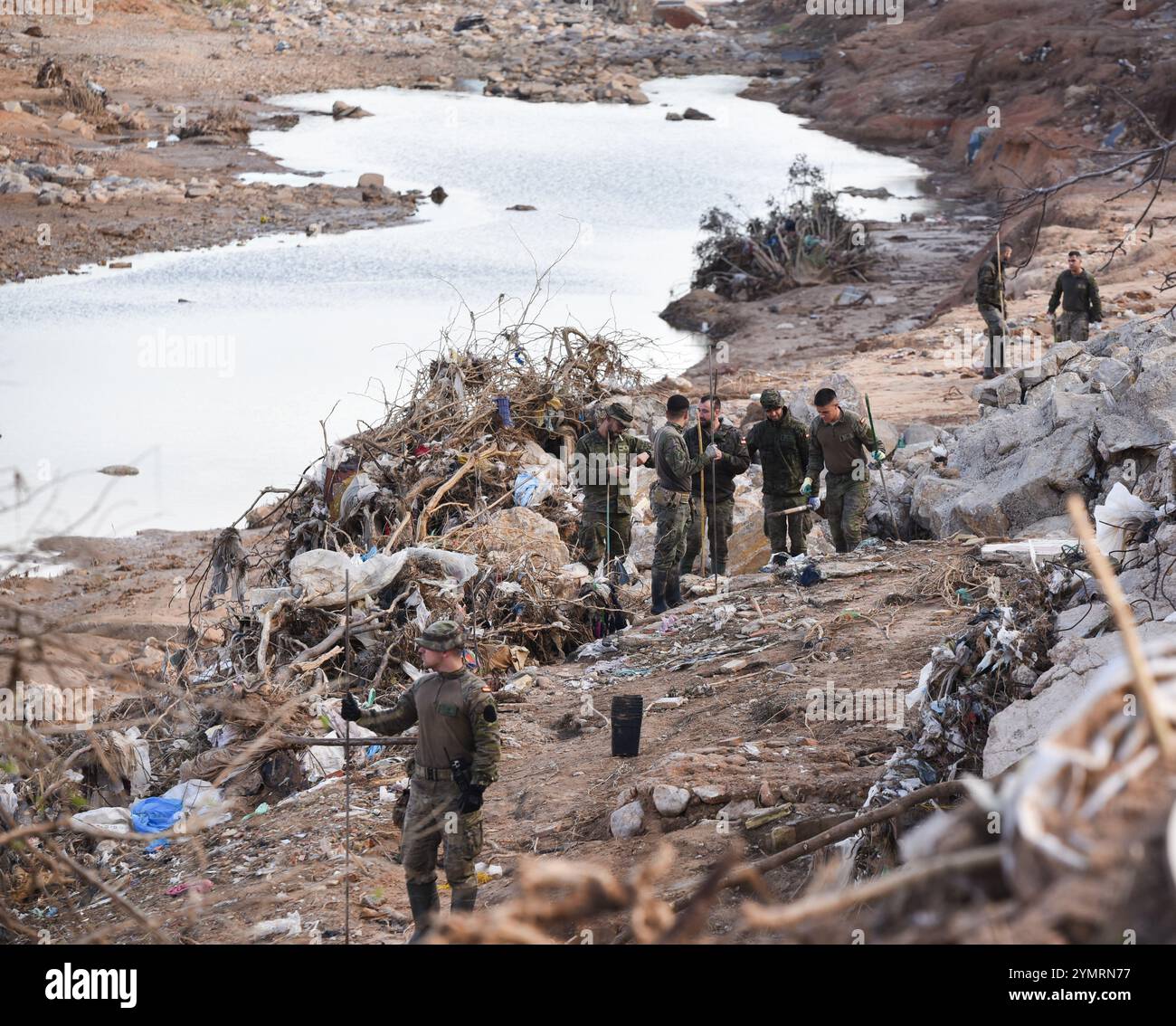 Torrente, Spagna - 22 novembre 2024. Membri del corpo militare spagnolo che tracciano il terreno camminando sul campo alla ricerca delle 8 persone ancora scomparse a Torrente. L'area è la gola Horteta (Barranco Horteta) nel quartiere Xenillet, la zona più colpita della città, dove sono stati ritrovati più di un cadavere dopo il disastro del 29 ottobre. Il ponte pedonale per accedere alla scuola pubblica CEIP Juan XXIII è stato distrutto dal flusso d'acqua e dalla rete elettrica danneggiate e ora è stato lentamente riparato dai tecnici delle linee elettriche. Crediti: Roberto Arosio/Alamy Live News. Foto Stock