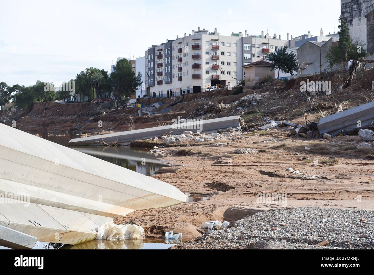 Torrente, Spagna - 22 novembre 2024. Membri del corpo militare spagnolo che tracciano il terreno camminando sul campo alla ricerca delle 8 persone ancora scomparse a Torrente. L'area è la gola Horteta (Barranco Horteta) nel quartiere Xenillet, la zona più colpita della città, dove sono stati ritrovati più di un cadavere dopo il disastro del 29 ottobre. Il ponte pedonale per accedere alla scuola pubblica CEIP Juan XXIII è stato distrutto dal flusso d'acqua e dalla rete elettrica danneggiate e ora è stato lentamente riparato dai tecnici delle linee elettriche. Crediti: Roberto Arosio/Alamy Live News. Foto Stock