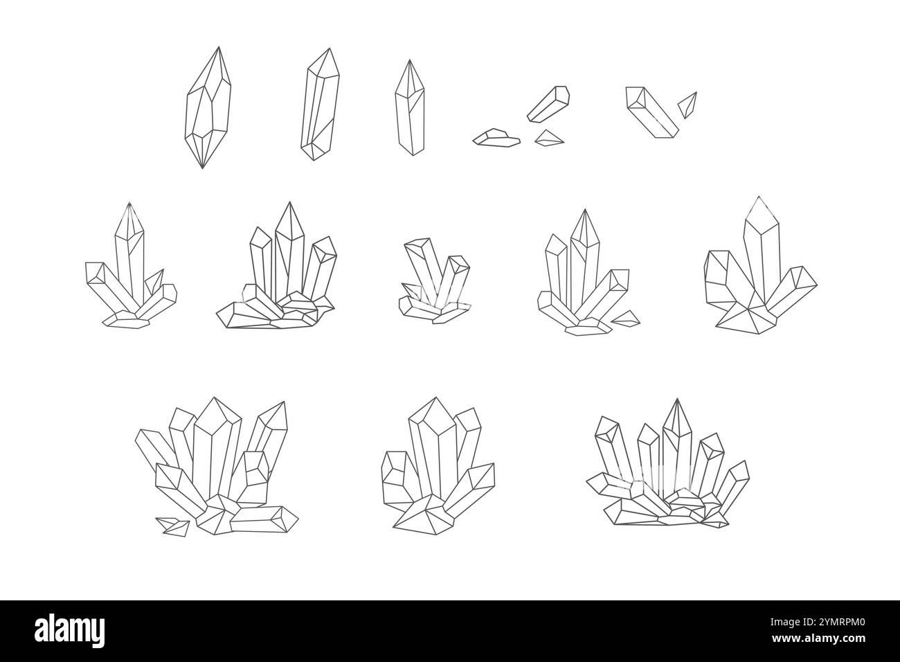 Set di vettori di cristalli astratti line art. Illustrazione vettoriale di diamanti, cristalli di forme diverse e pietre preziose. Arte mistica magica ed esoterica Illustrazione Vettoriale