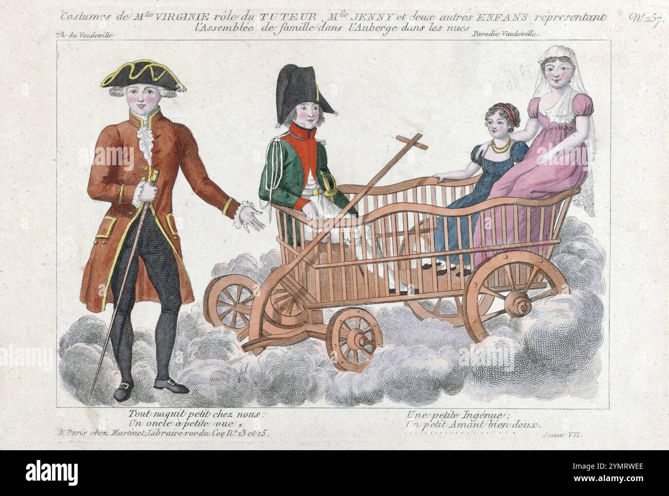 Petite Galerie Dramatique, 1796-1843, No. 257: Costumes de Mlle Virginie print color Engraving pubblicato da Aaron Martinet, cartoni d'arte con stampa antica. Mlle Virginie costumi nel ruolo di Tuteur. Mlles Jenny e altri due bambini in un carro tra le nuvole. "Parodie Vaudeville" si è esibito al "Theatre du Vaudeville" di Parigi. Uomo, in piedi, in una fragola rifilata con tubazioni a contrasto. Pantaloncini ginocchio. Manette e jabot bruciati. - Calze. - Sì. Scarpe con fibbie quadrate. Bastoncini da passeggio. Bastone da passeggio. Con quattro righe di testo dalla settima scena. Dalla rivista Petite Galerie dramatique Foto Stock