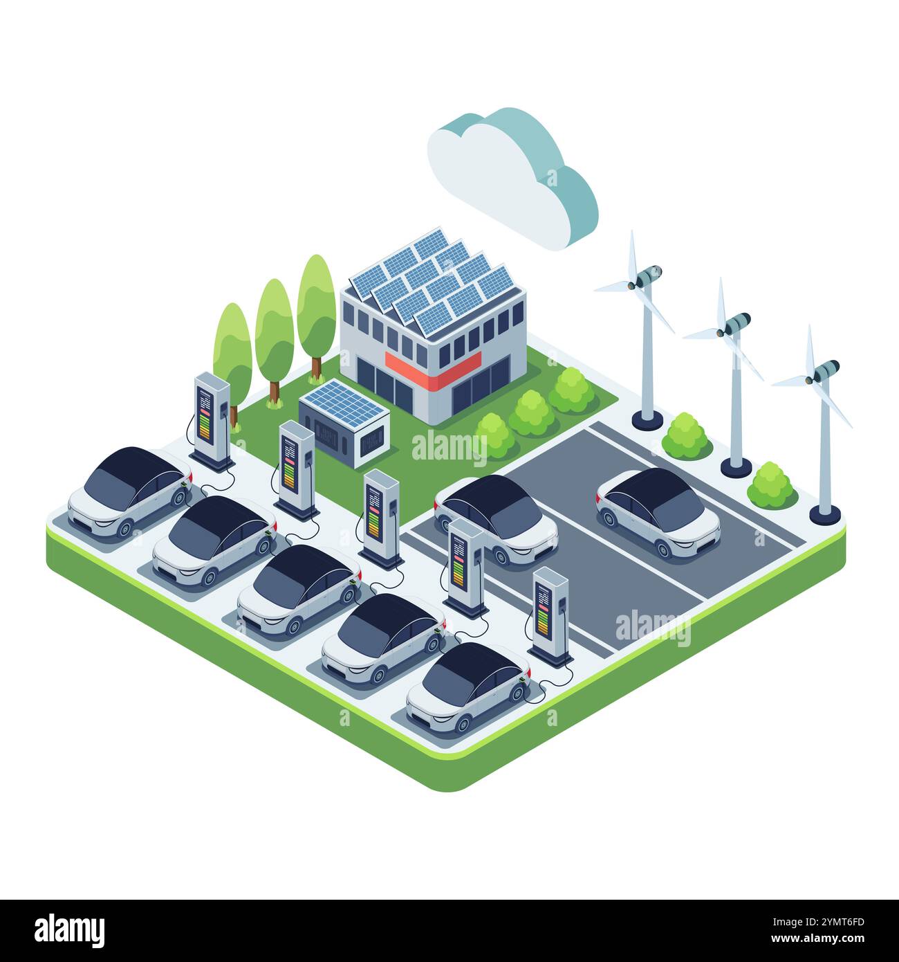 Auto elettriche isometriche presso la stazione di ricarica EV e l'infrastruttura. Concetto di infrastruttura di carica dei veicoli elettrici Illustrazione Vettoriale