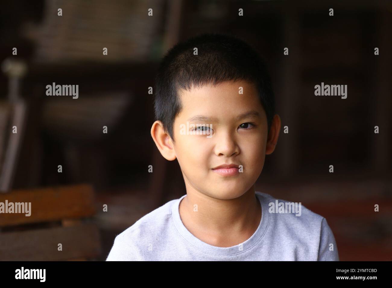 Un ritratto ravvicinato di un ragazzo dall'espressione calma, che mostra la sua natura gioiosa e innocenza. Perfetto per i temi dell'infanzia e della felicità. Foto Stock