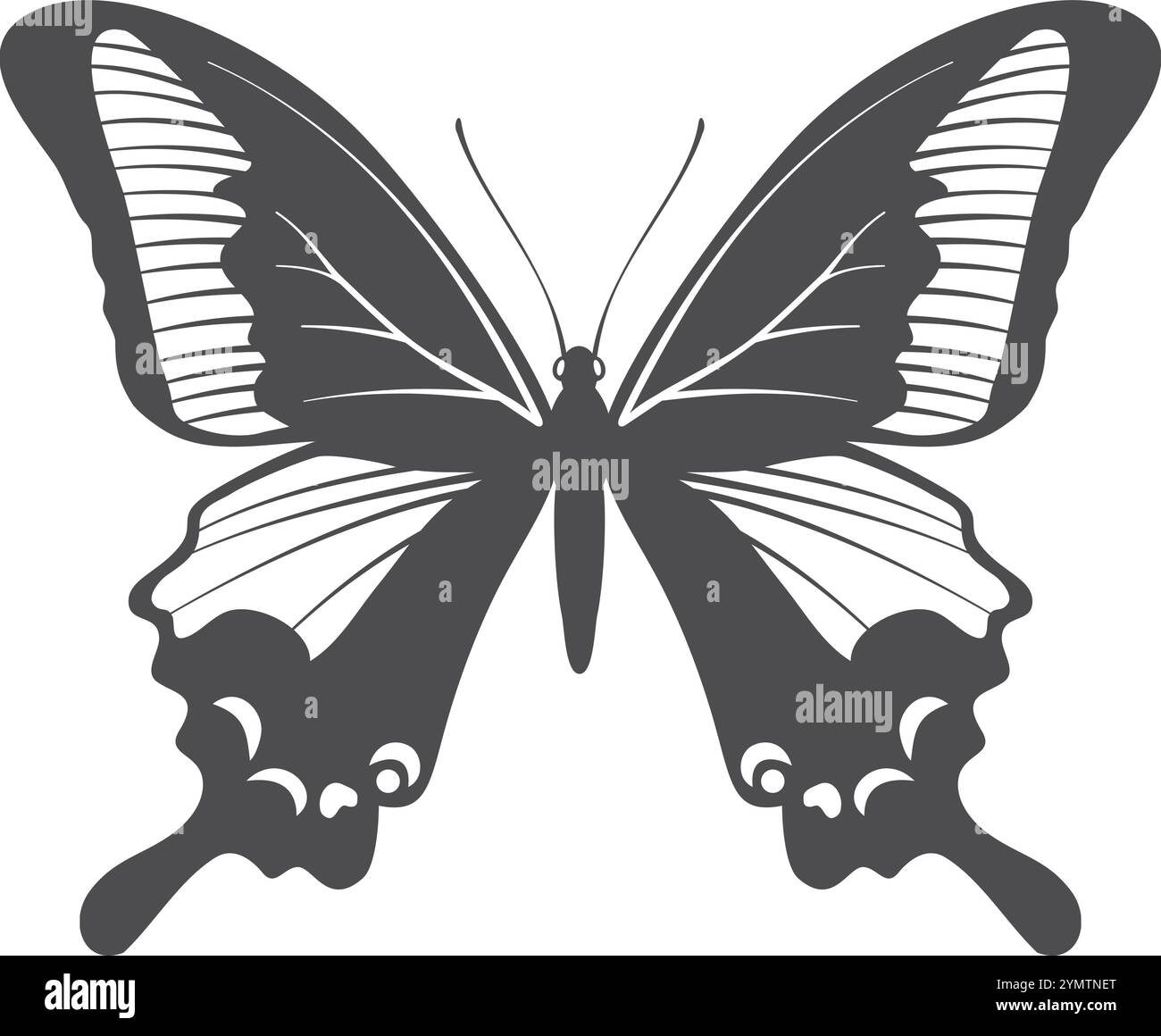 Disegno a farfalla nera. Icona nera della natura estiva Illustrazione Vettoriale