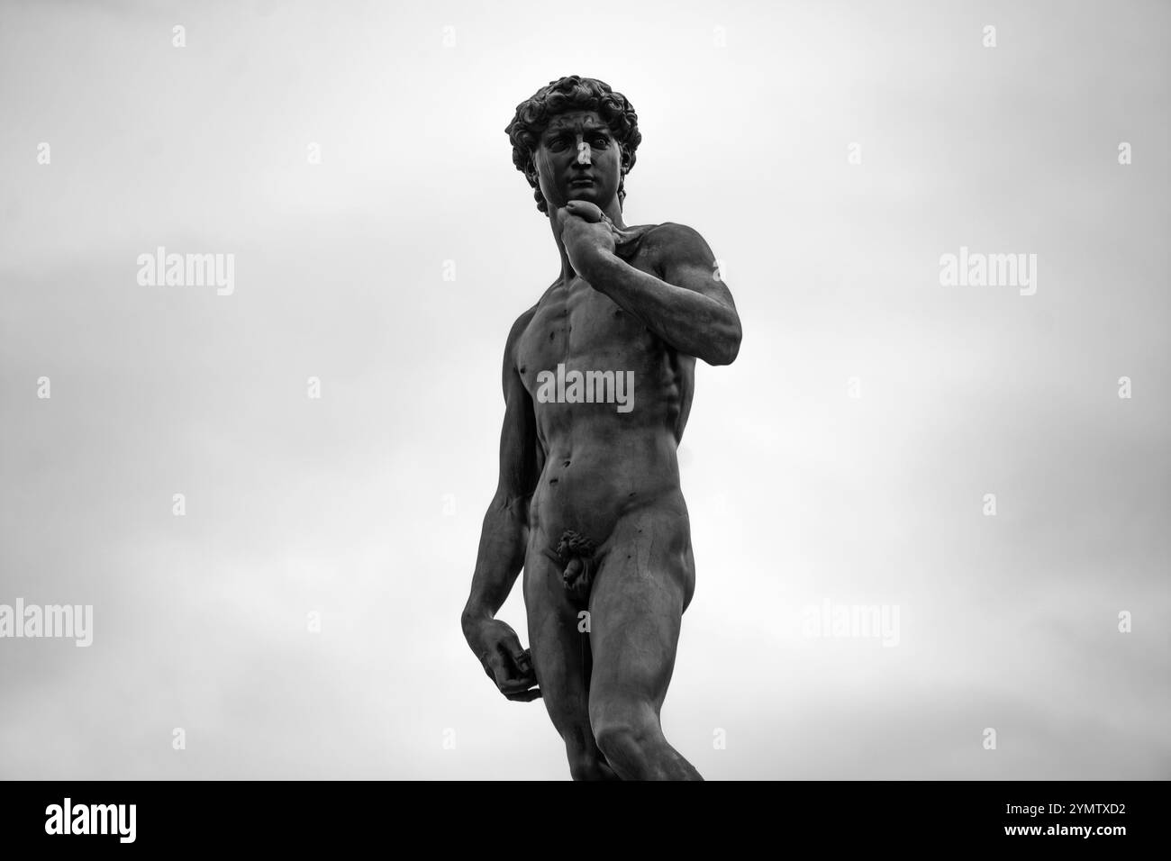 Ammira la copia in bronzo del famoso David di Michelangelo, un capolavoro della scultura rinascimentale italiana, in Piazzale Michelangelo contro le nuvole Foto Stock