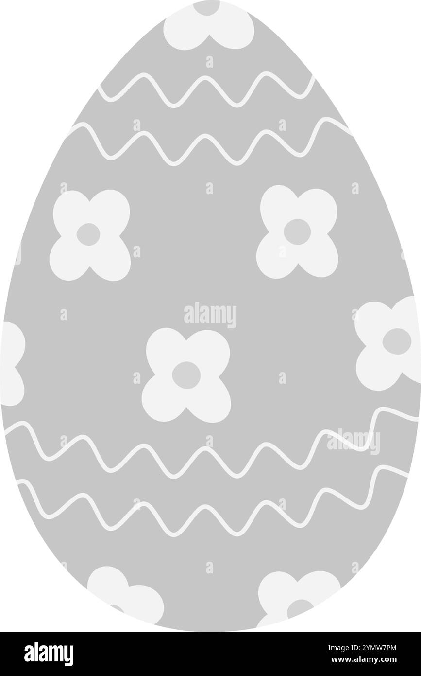 Fiori con motivo a forma di uovo di Pasqua e linee ondulate in scala di grigi. Elemento di design delle auto di Pasqua disegnate a mano. Adesivi per illustrazioni di vettore isolato, icone, schede, poster, banner o promozioni Web, tag, etichette, opuscoli Illustrazione Vettoriale