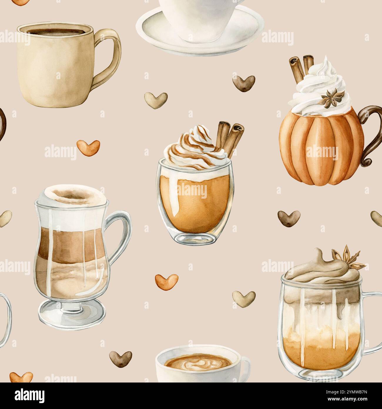 Caffè latte Macchiato, Pumpkin Spice Dalgona Coffee e altre bevande calde autunnali. Cibo ad acquerello motivo senza cuciture su sfondo beige per un gattino accogliente Foto Stock