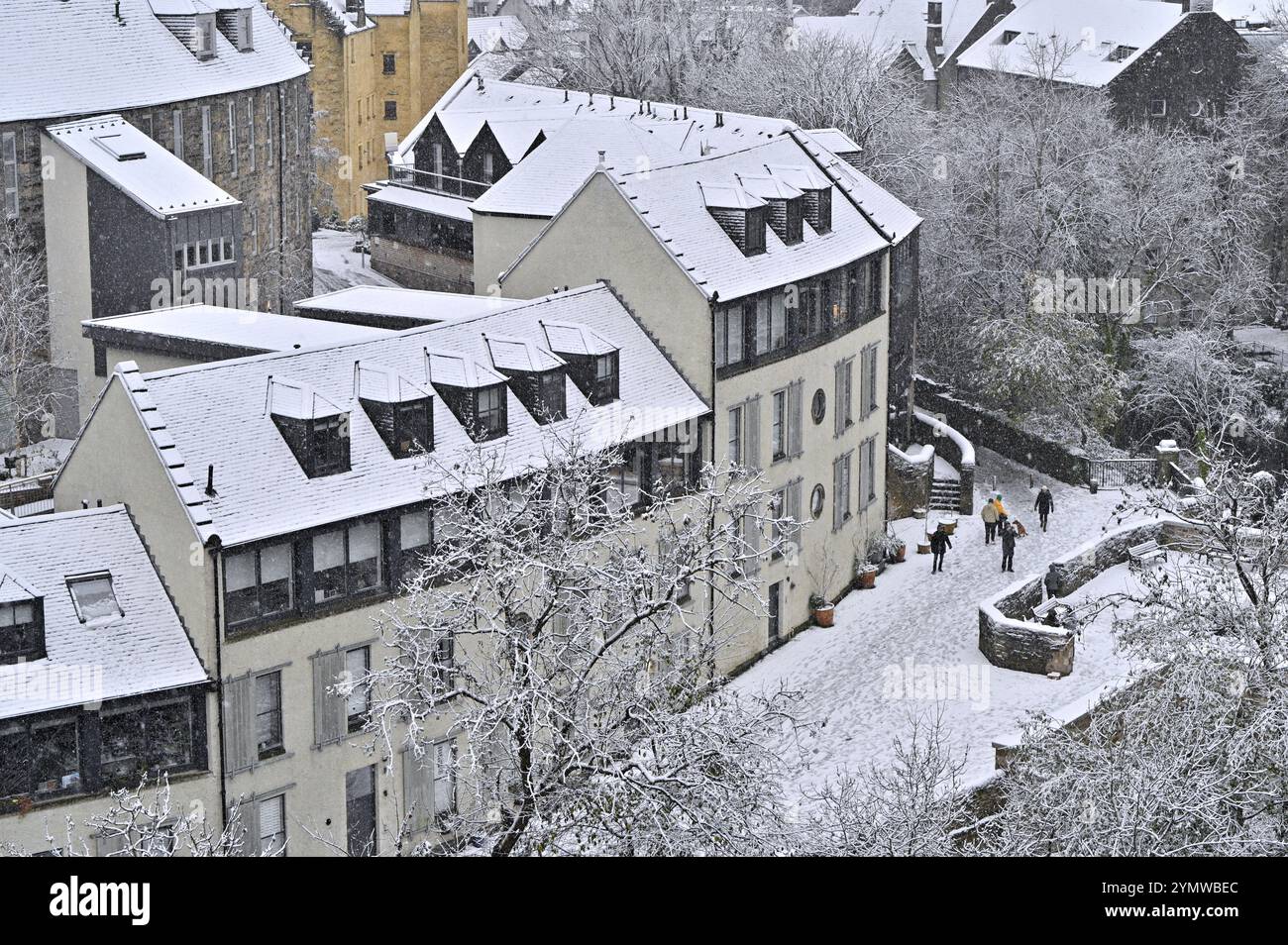 Edimburgo, Scozia, Regno Unito. 23 novembre 2024. Tempesta Bert: La neve pesante nella parte occidentale della città disturba temporaneamente auto e pedoni. La neve persiste nel West End più a lungo del previsto. Vista panoramica dei tetti del villaggio Dean ricoperti di neve. Crediti: Craig Brown/Alamy Live News Foto Stock