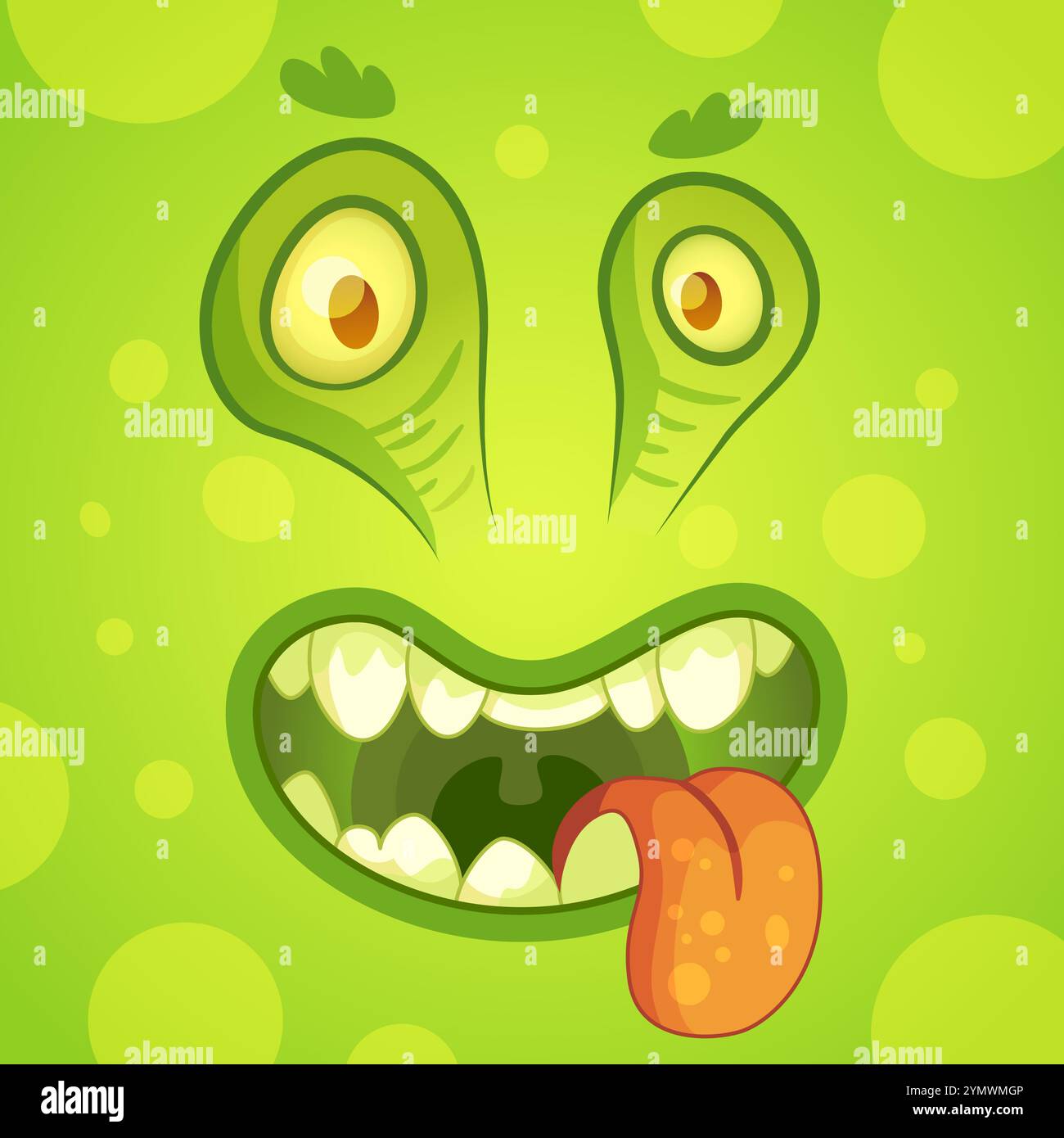 Simpatico cartone animato che raffigura un mostro verde scivoloso con occhi grandi e bocca aperta che mostra i denti e gli sporge la lingua Illustrazione Vettoriale