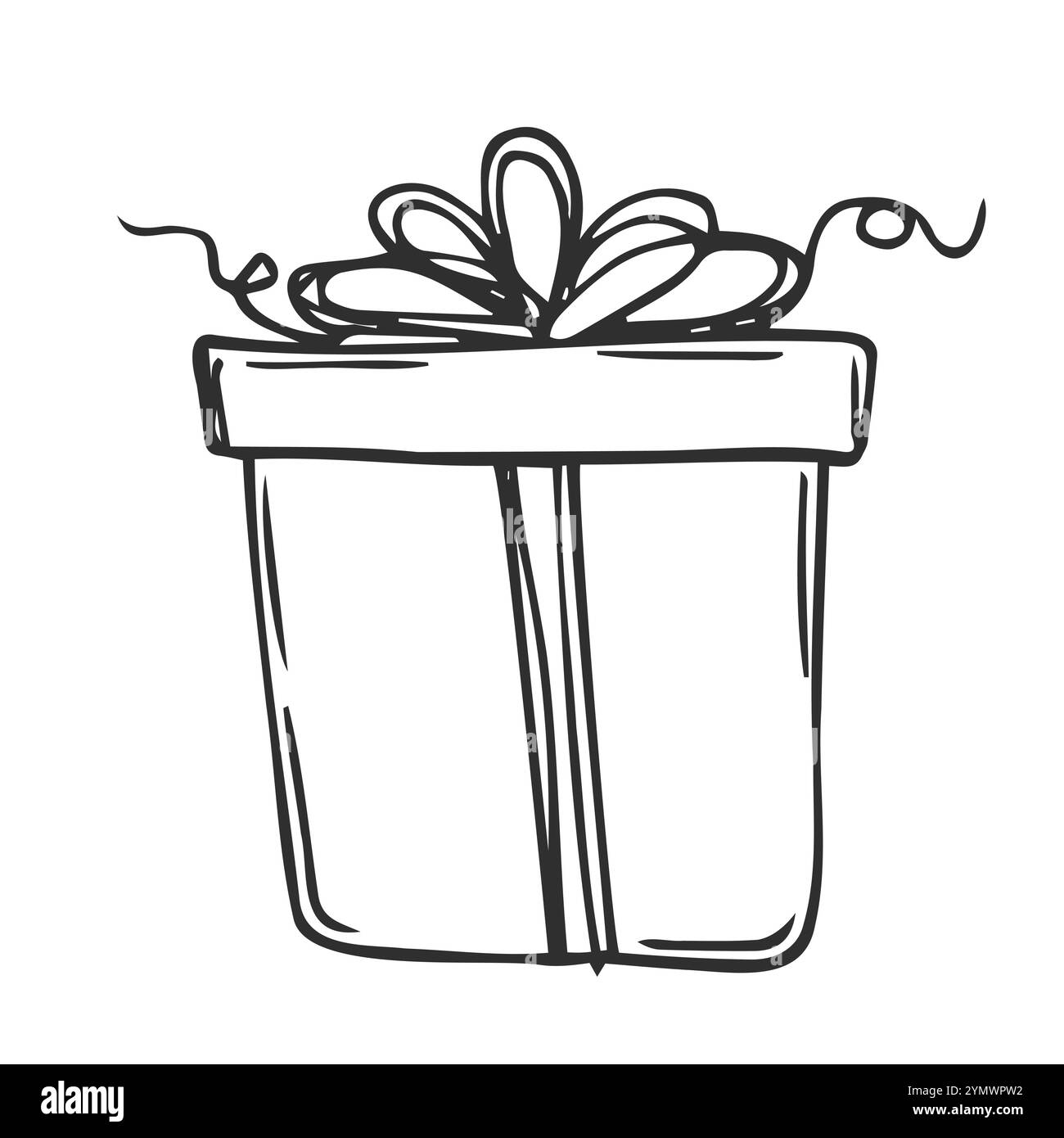 Presentare un'illustrazione continua del vettore di linea modificabile. Pacchetto a sorpresa avvolto con nastro e fiocco. Illustrazione Vettoriale