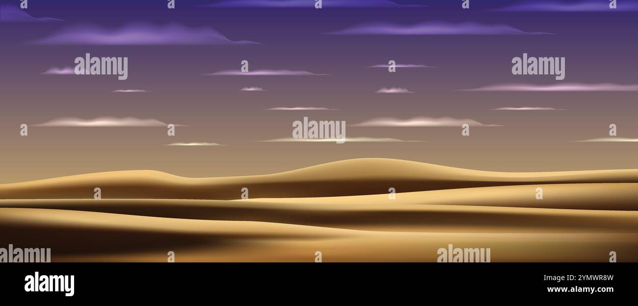 soleggiato paesaggio desertico dove le sabbie brillano con cielo e nuvole sullo sfondo vettoriale Illustrazione Vettoriale