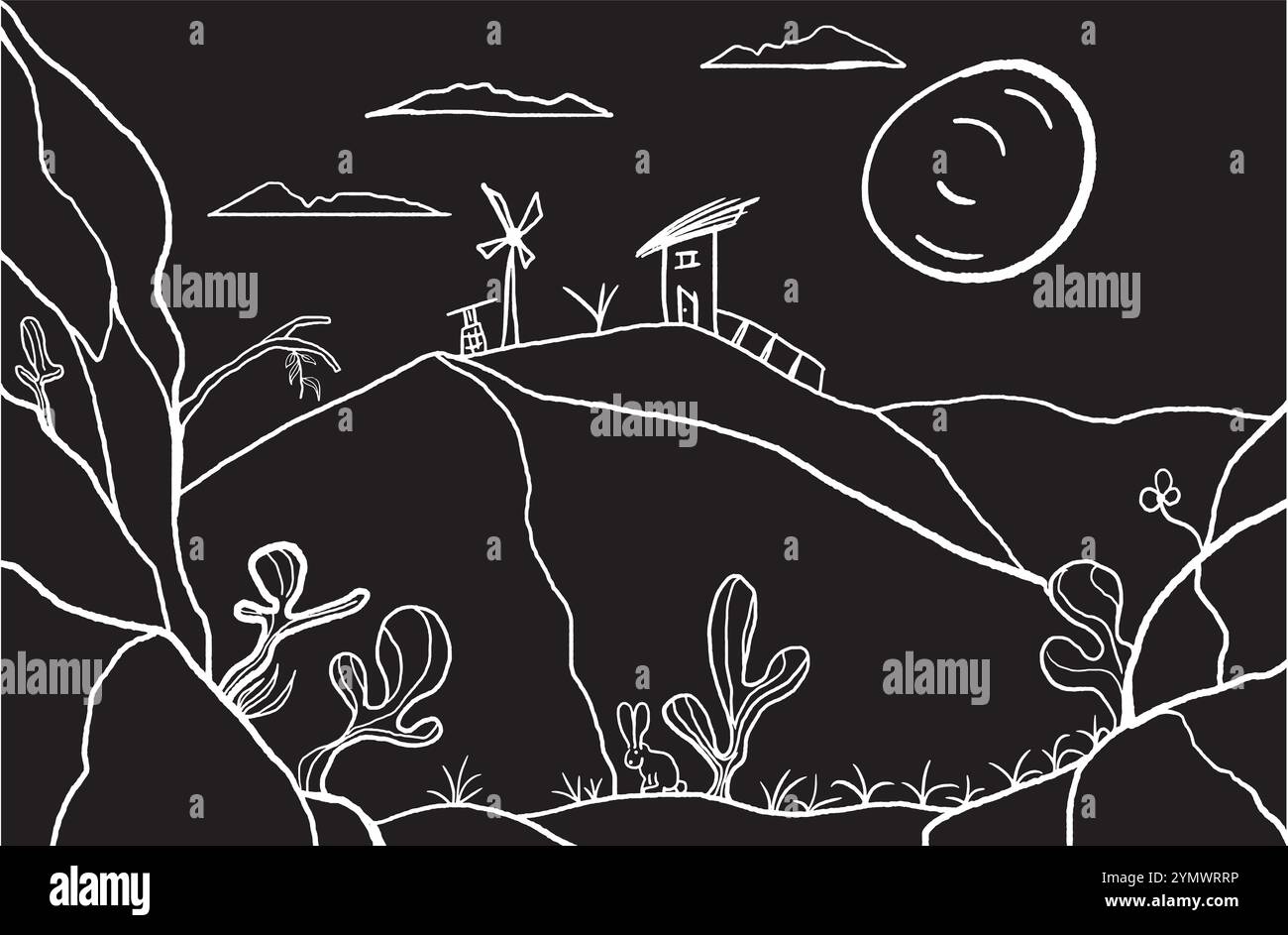 Disegno del paesaggio desertico con cactus, rocce e una casa su una collina con mulino a vento Illustrazione Vettoriale