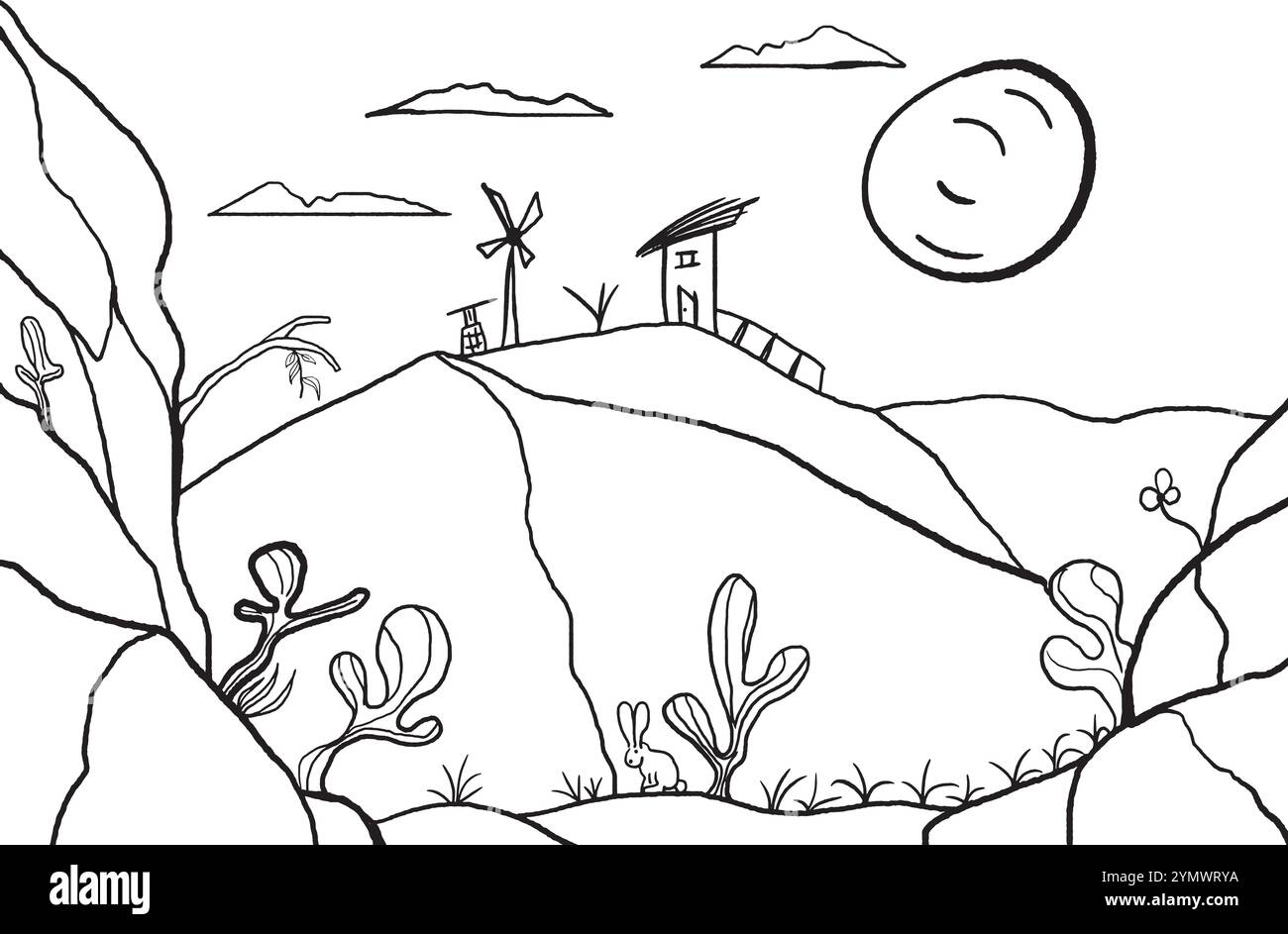 Disegno del paesaggio desertico con cactus, rocce e una casa su una collina con mulino a vento Illustrazione Vettoriale