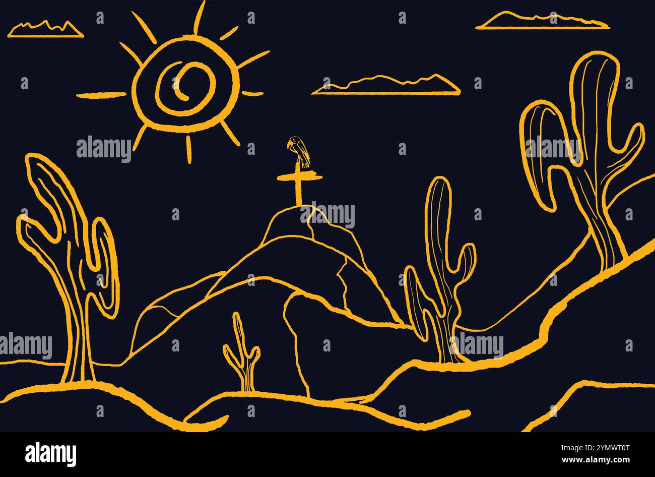 Immagine disegnata a mano di un avvoltoio su una croce in cima a una collina in un paesaggio desertico Illustrazione Vettoriale